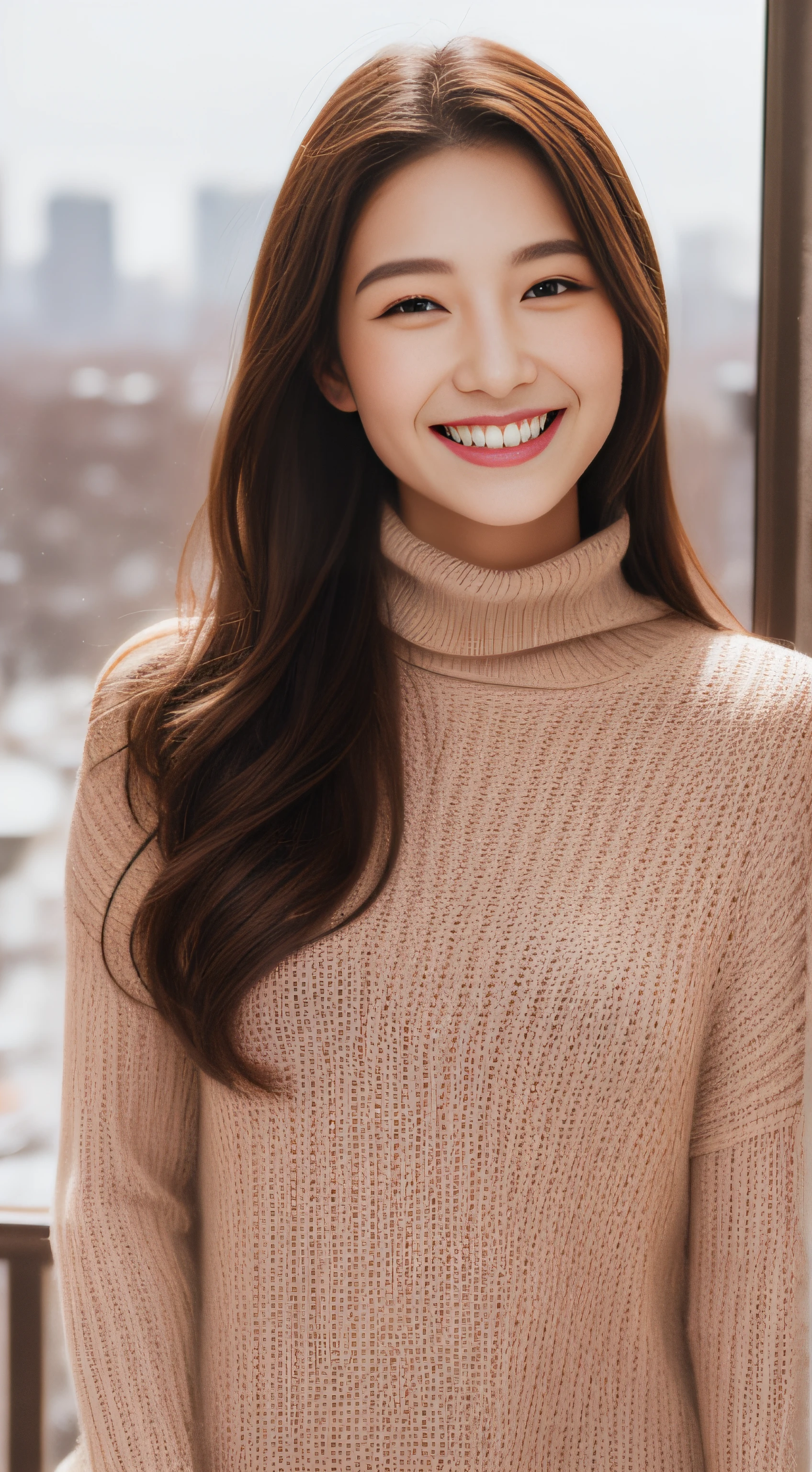 The face of the hostess、turtleneck wool sweater、hiquality、A hyper-realistic、healthy、Smiling expression、Slender perfect figure、Japan Beauty、 perfect eyes、Beautiful skin、The upper part of the body、Snowy city