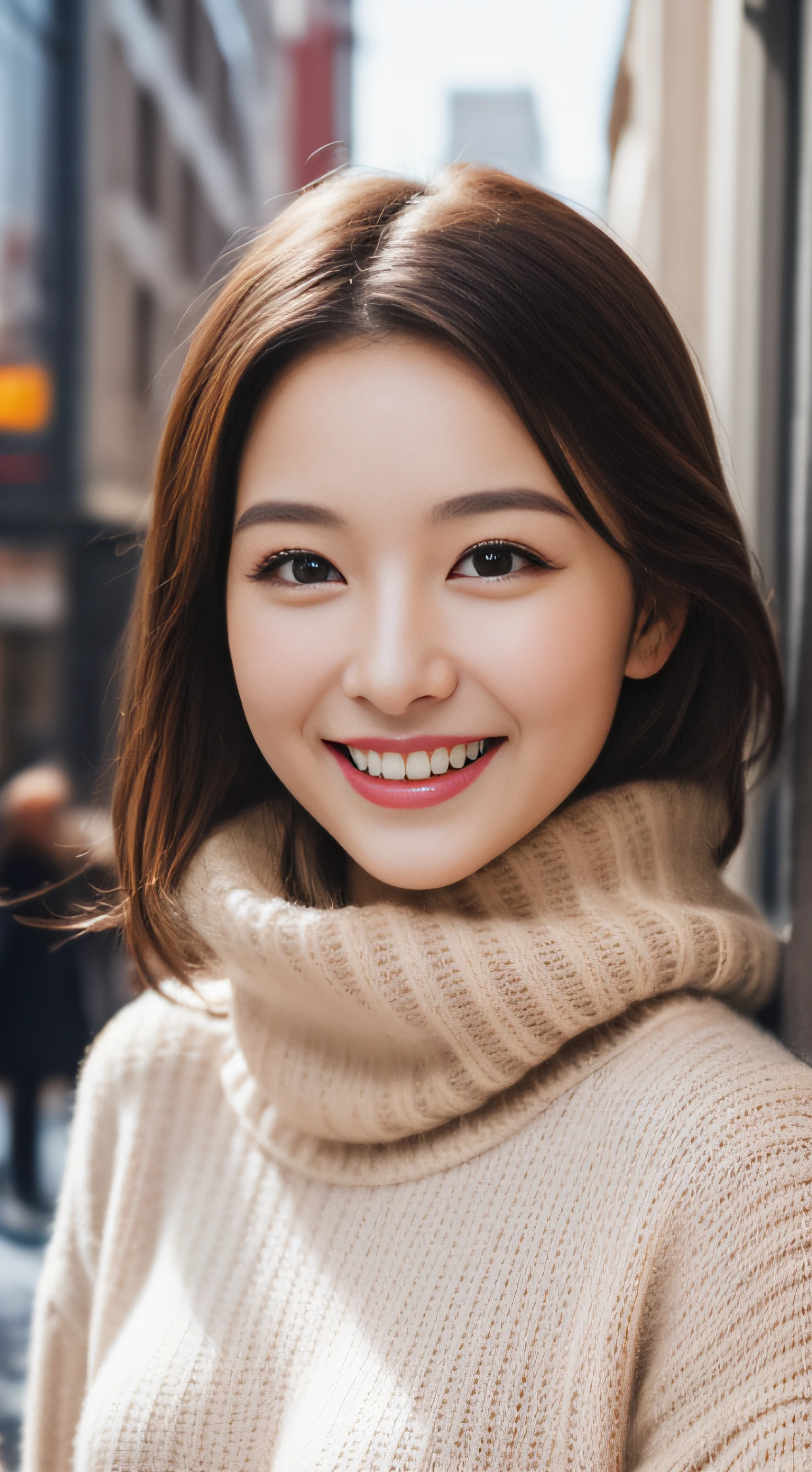 The face of the hostess、turtleneck wool sweater、hiquality、A hyper-realistic、healthy、Smiling expression、Slender perfect figure、Japan Beauty、 perfect eyes、Beautiful skin、The upper part of the body、Snowy city