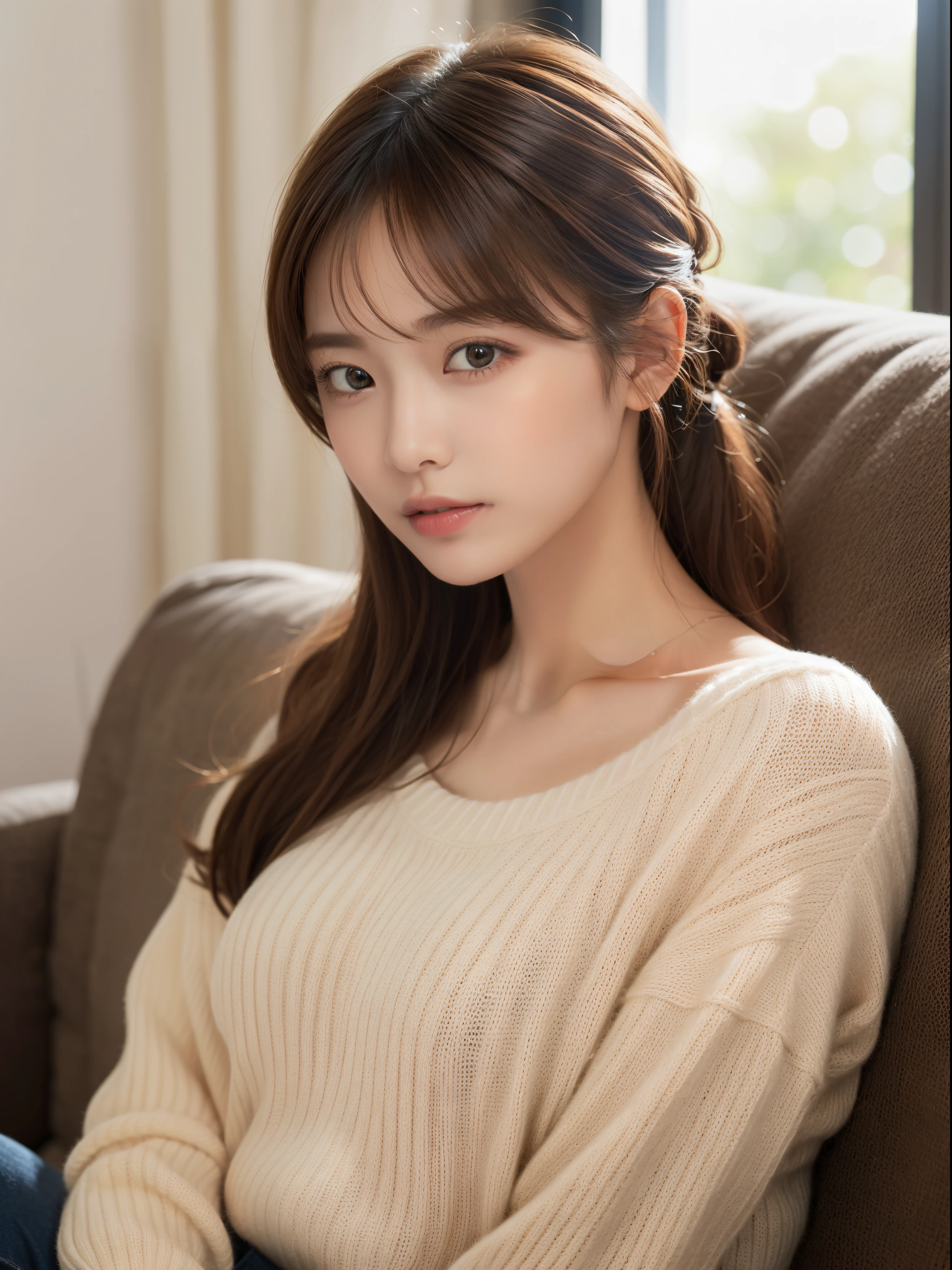(masterpiece:1.5)、(8K)、(Photorealsitic:1.5)、Raw photography、(Top image quality:1.4)、(foco nítido:1.5)、 (PurerosFace_v1:0.5)、
top-quality、masterpiece、超A high resolution、Soft lighting、
23 years old、slender、prety woman:1.4、serious facial expression、
In the living room where the morning sun shines、 Sitting on a cozy sofa、
she is wearing a red knitted sweater.、
light brown hair、poneyTail、Glowing hair、
Super Detail Face、A detailed eye、二重まぶた、
Natural Color Lip、Transparent skin、