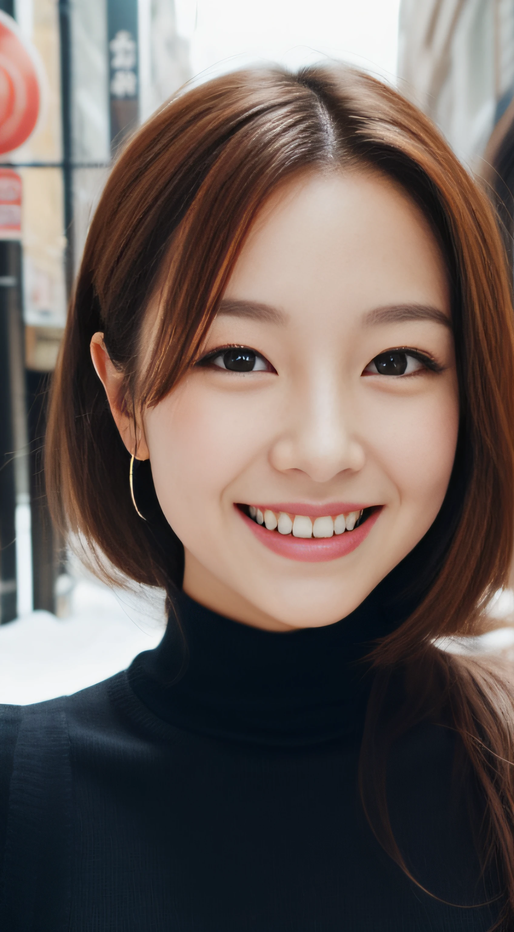 The face of the hostess、turtleneck wool sweater、hiquality、A hyper-realistic、healthy、Smiling expression、Slender perfect figure、Japan Beauty、 perfect eyes、Beautiful skin、The upper part of the body、Snowy city