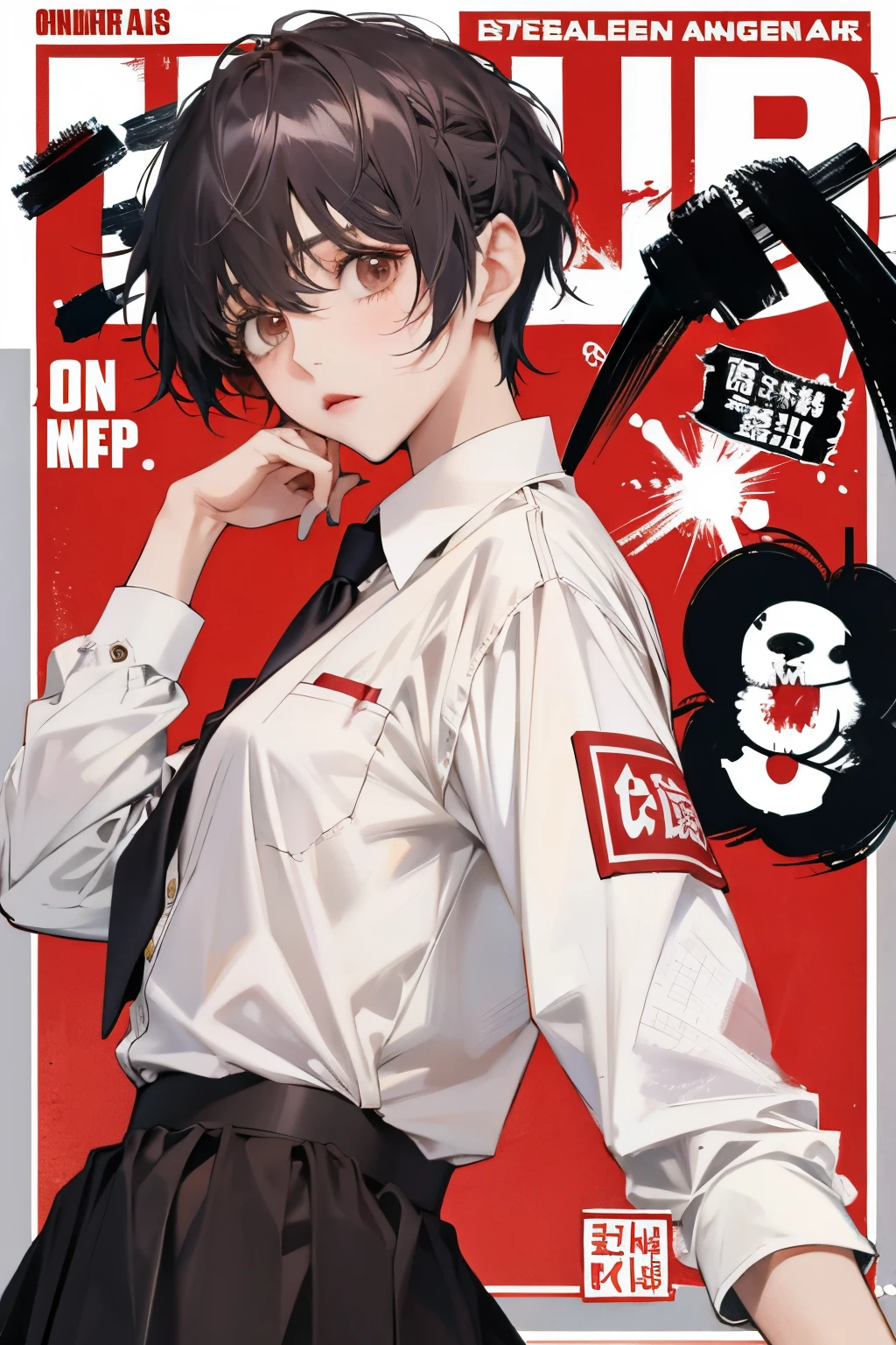 Kasai Yuno,校服,white shirt,There blood on the body,With a touch of life,Ocean park,Comic cover style,Comic cover title,8K