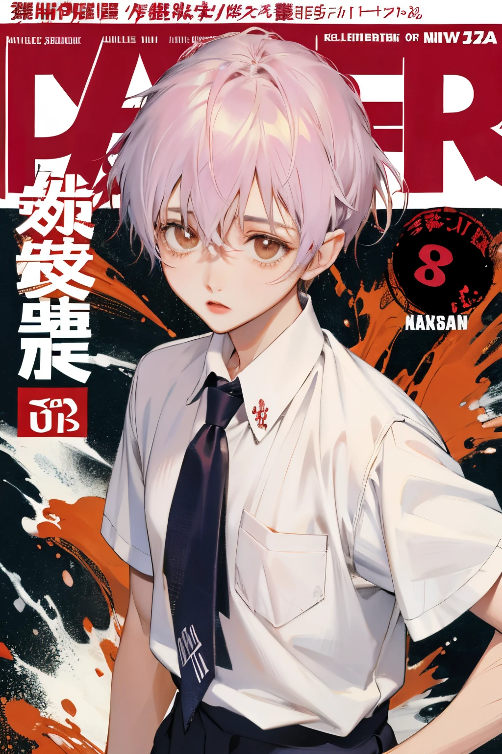 Kasai Yuno,校服，white  shirt，There  blood on the body，With a touch of life，Ocean park，Comic cover style，Comic cover title,8K