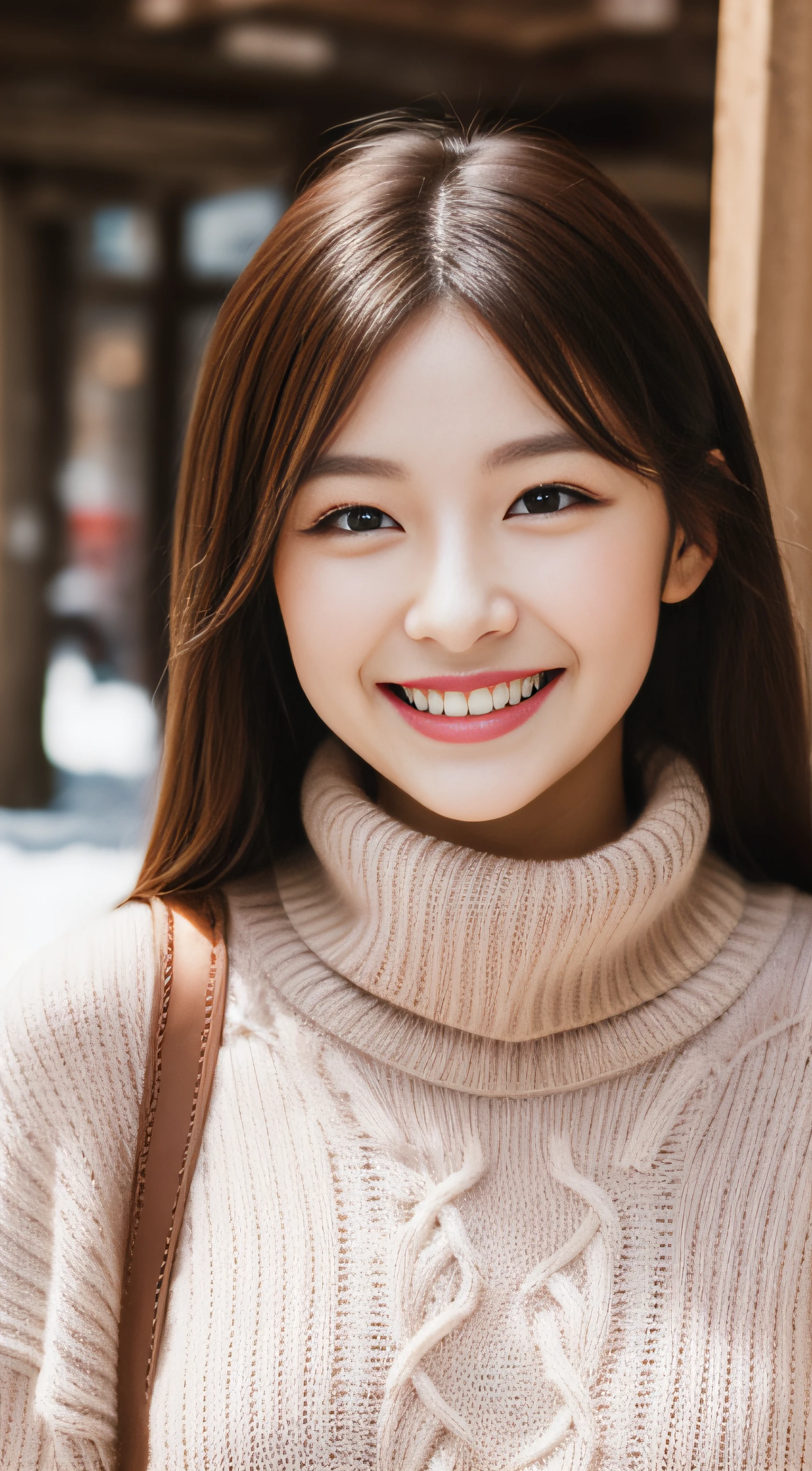 The face of the hostess、turtleneck wool sweater、hiquality、A hyper-realistic、healthy、Smiling expression、Slender perfect figure、Japan Beauty、 perfect eyes、Beautiful skin、The upper part of the body、Snowy city