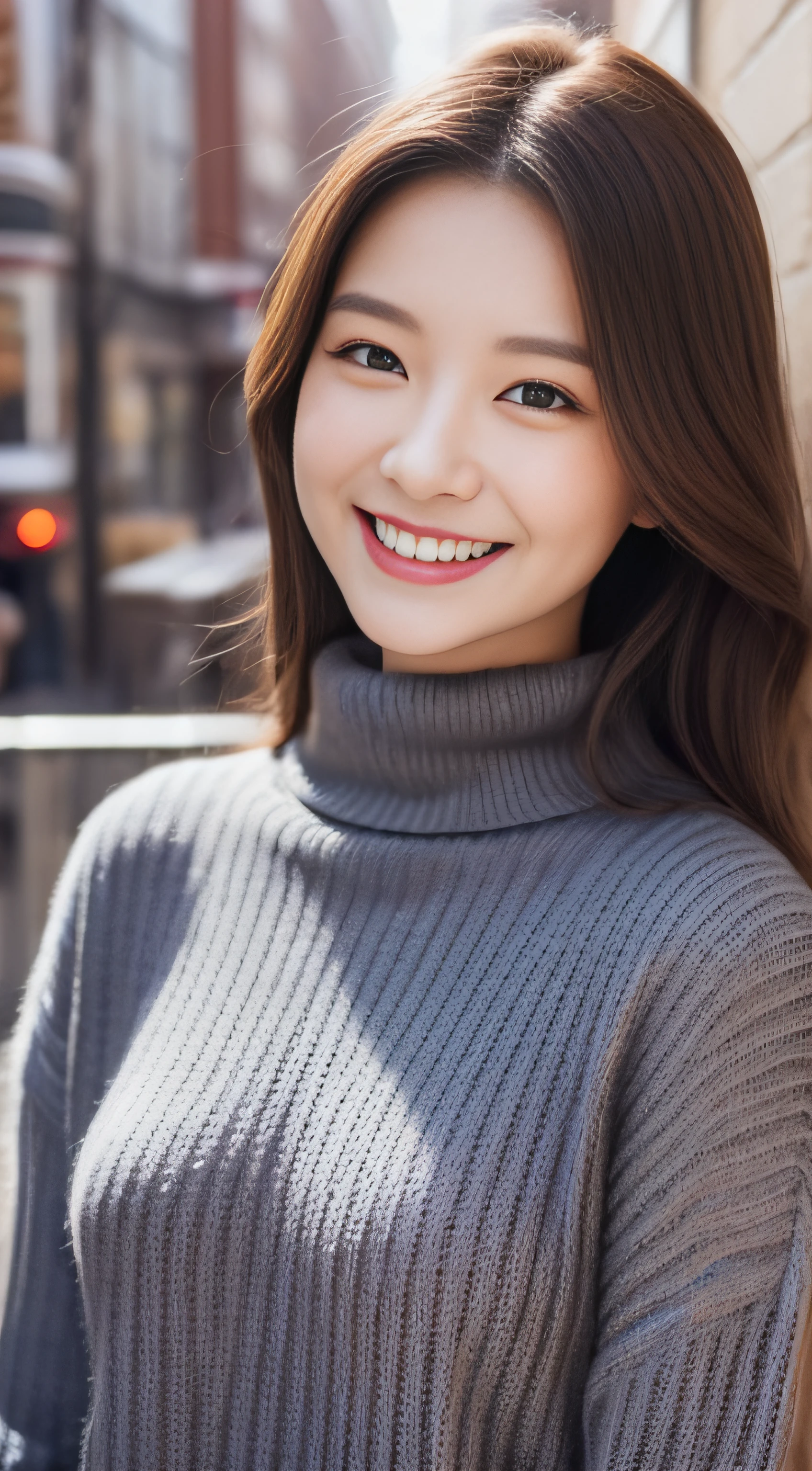 The face of the hostess、turtleneck wool sweater、hiquality、A hyper-realistic、healthy、Smiling expression、Slender perfect figure、Japan Beauty、 perfect  eyes、Beautiful skin、The upper part of the body、Snowy city