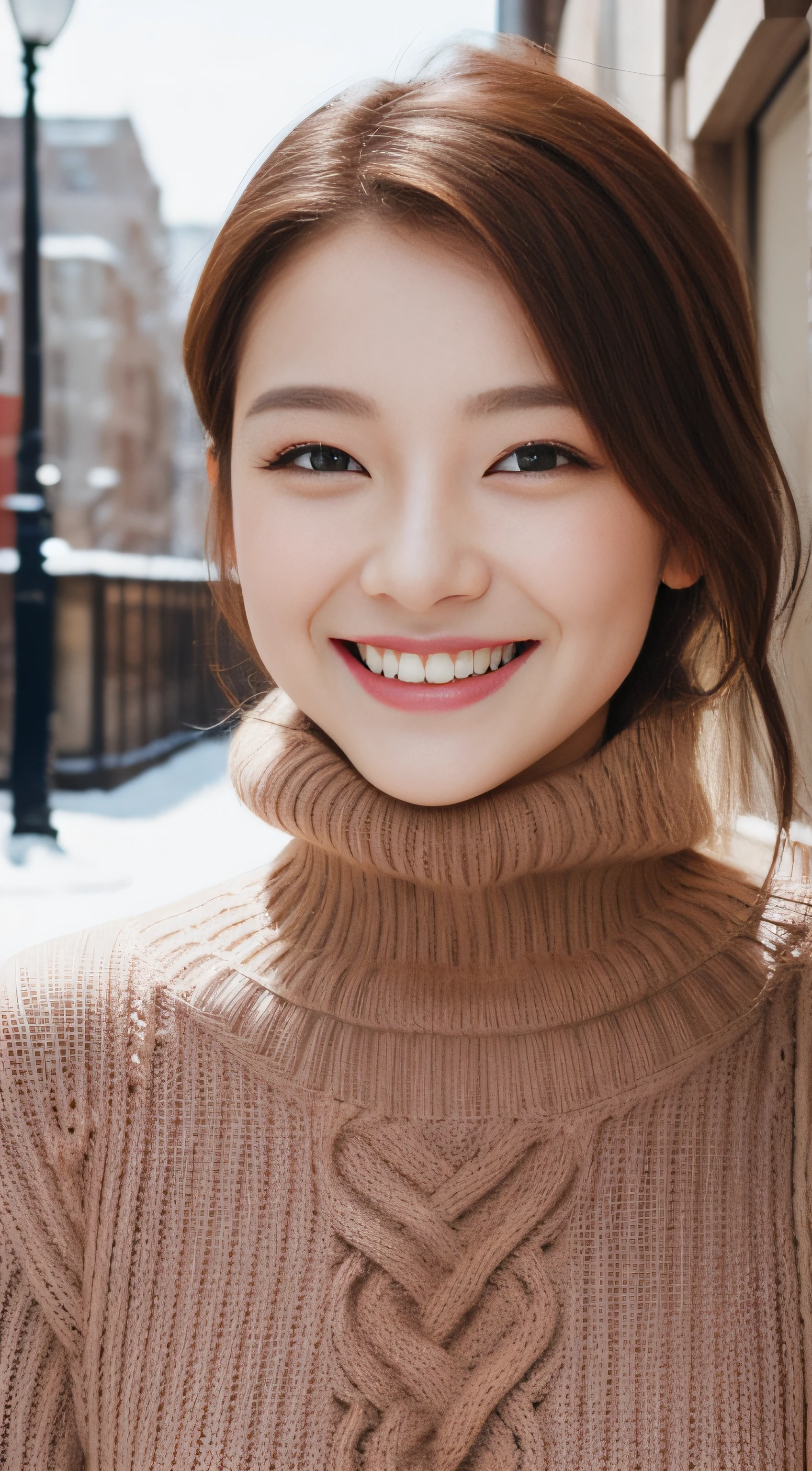 The face of the hostess、turtleneck wool sweater、hiquality、A hyper-realistic、healthy、Smiling expression、Slender perfect figure、Japan Beauty、 perfect  eyes、Beautiful skin、The upper part of the body、Snowy city