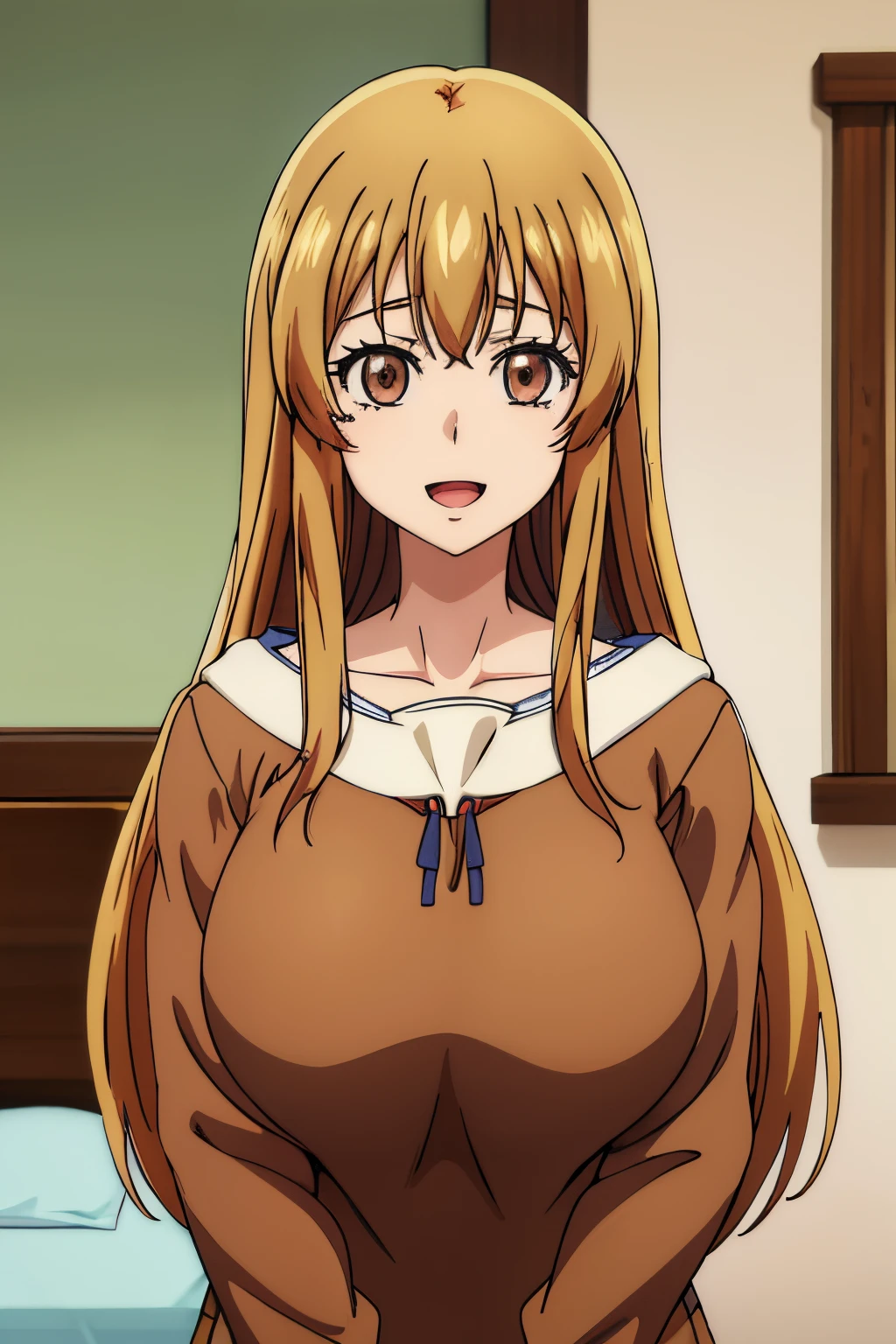 Huge tits, Busty, best quality, (masterpiece:1.2), highly detailed, 
1girl,  kotegawa nanaka, looking at viewer, slight smile, open mouth, brown eyes, long hair, indoor, room, bedroom, wardrobe, close up face