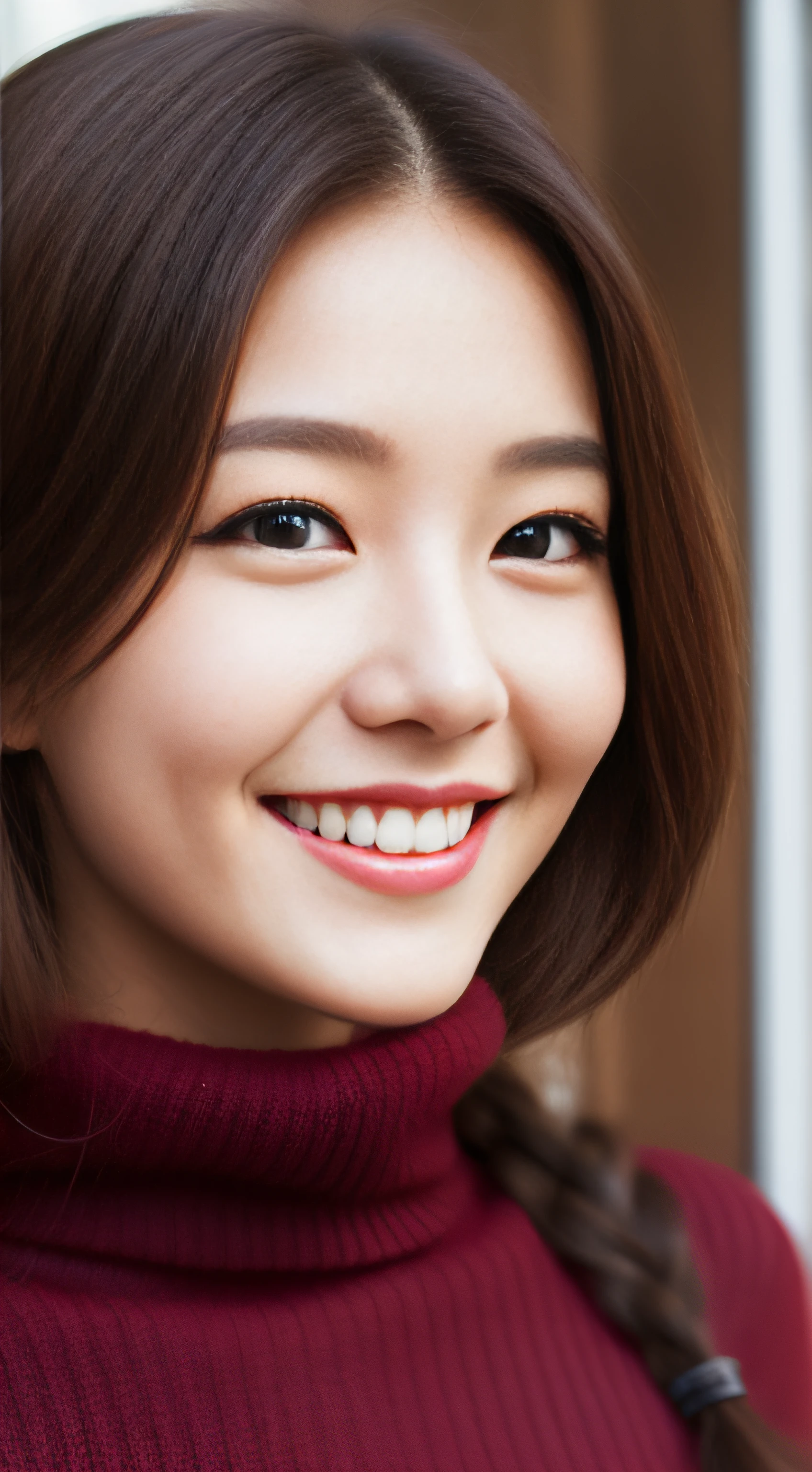 The face of the hostess、turtleneck wool sweater、hiquality、A hyper-realistic、healthy、Smiling expression、Slender perfect figure、Japan Beauty、 perfect eyes、Beautiful skin、The upper part of the body、Snowy city