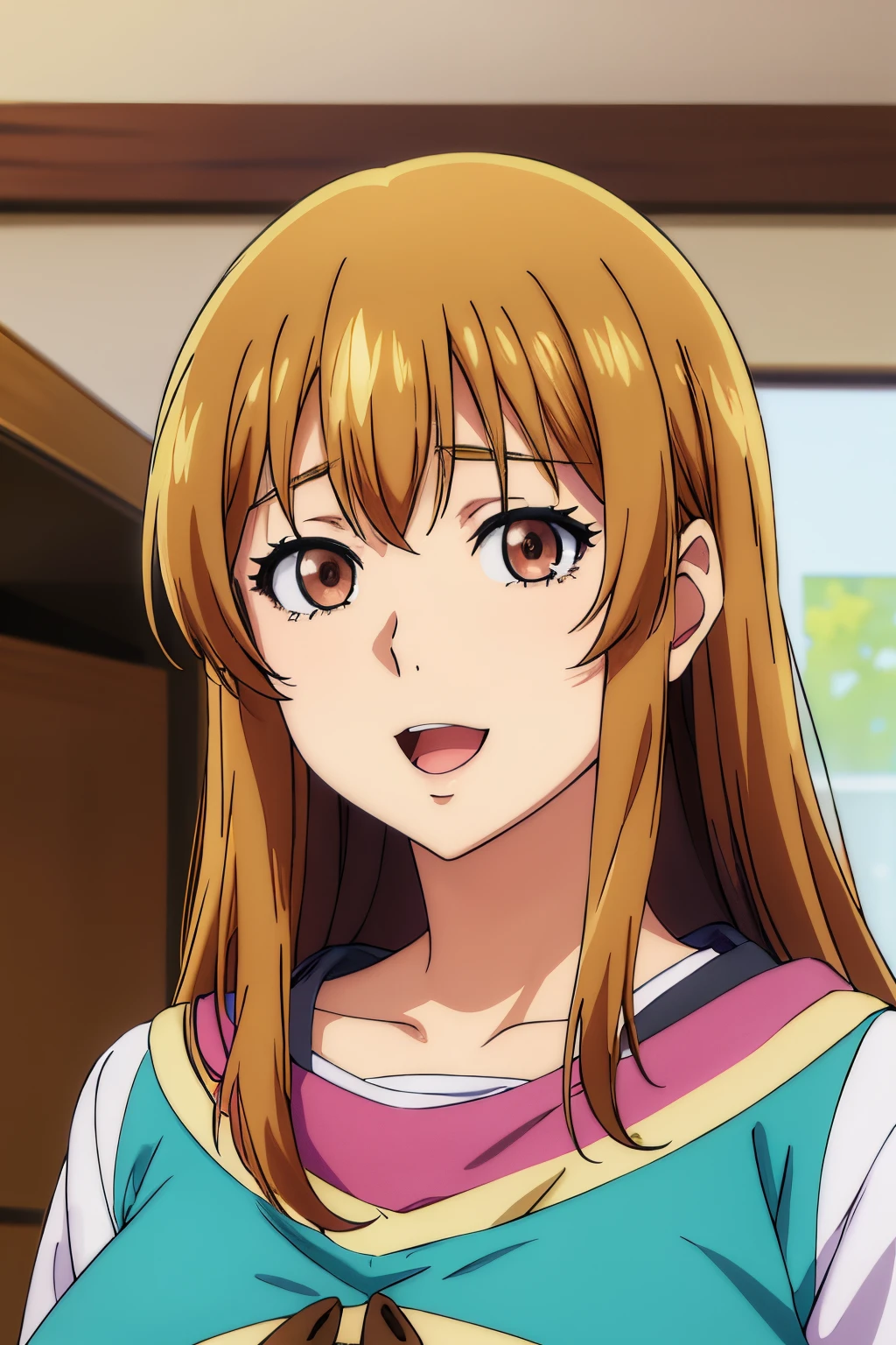 Huge tits, Busty, best quality, (masterpiece:1.2), highly detailed,
1girl, kotegawa nanaka, looking at viewer, slight smile, open mouth, brown eyes, long hair, indoor, room, bedroom, wardrobe, close up face