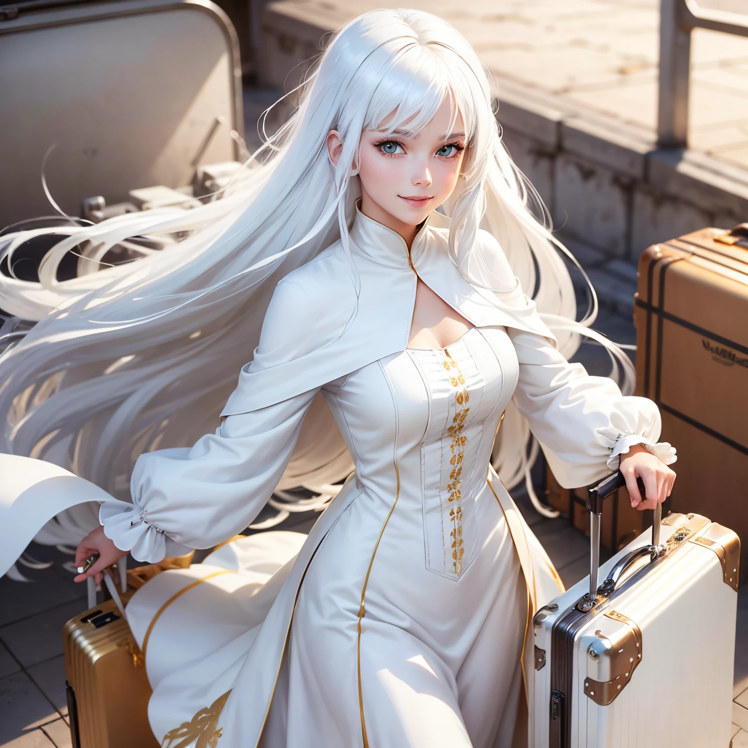 best quality, white hair, gold eyes, white clothes, hair strand, Fair skin, smiling, she has a suitcase