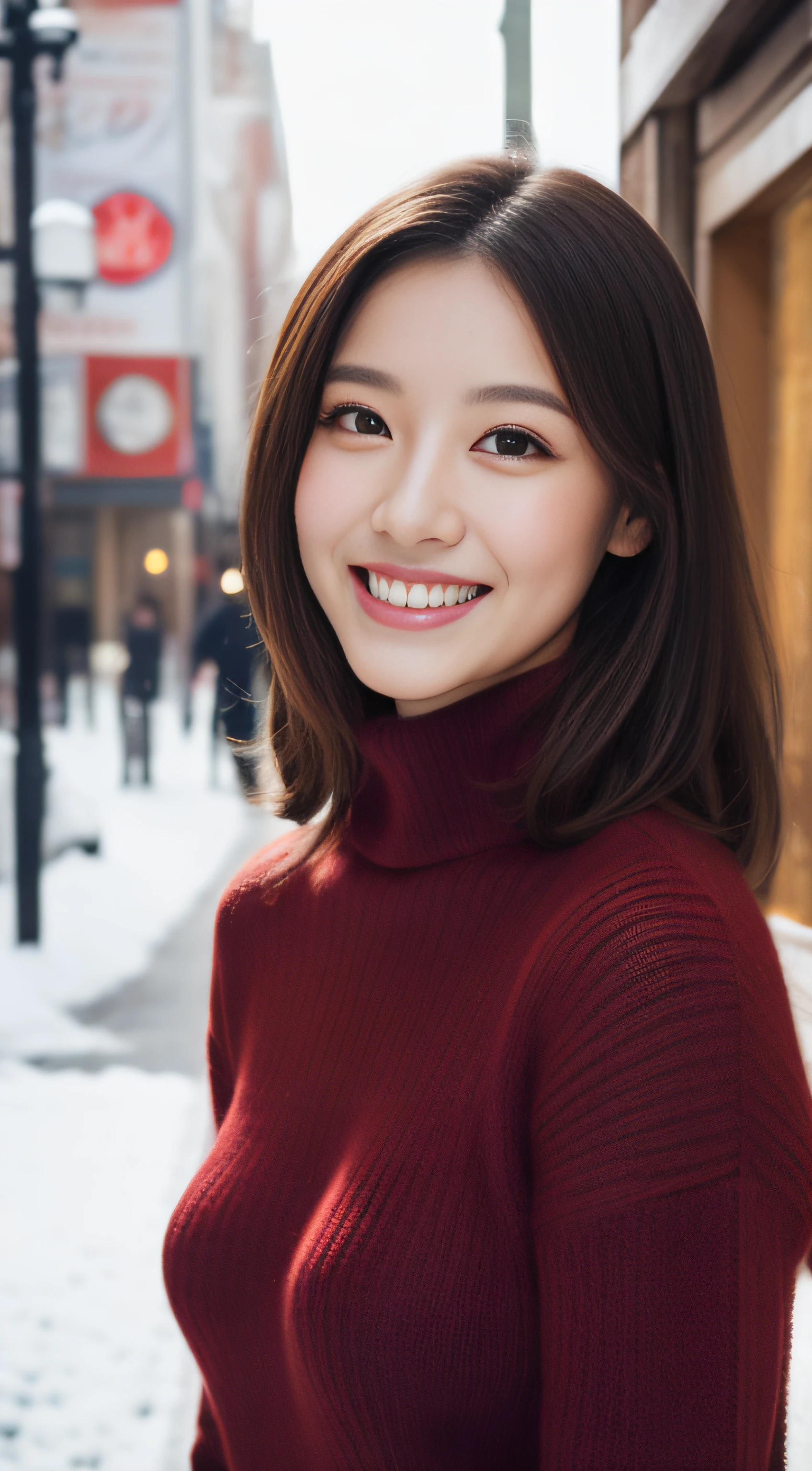 The face of the hostess、turtleneck wool sweater、hiquality、A hyper-realistic、healthy、Smiling expression、Slender perfect figure、Japan Beauty、 perfect eyes、Beautiful skin、The upper part of the body、Snowy city