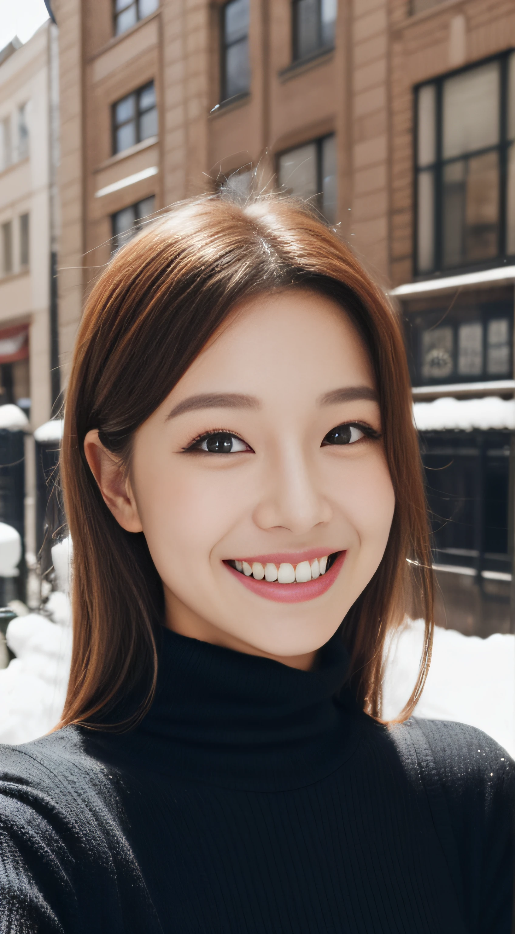The face of the hostess、turtleneck wool sweater、hiquality、A hyper-realistic、healthy、Smiling expression、Slender perfect figure、Japan Beauty、 perfect eyes、Beautiful skin、The upper part of the body、Snowy city
