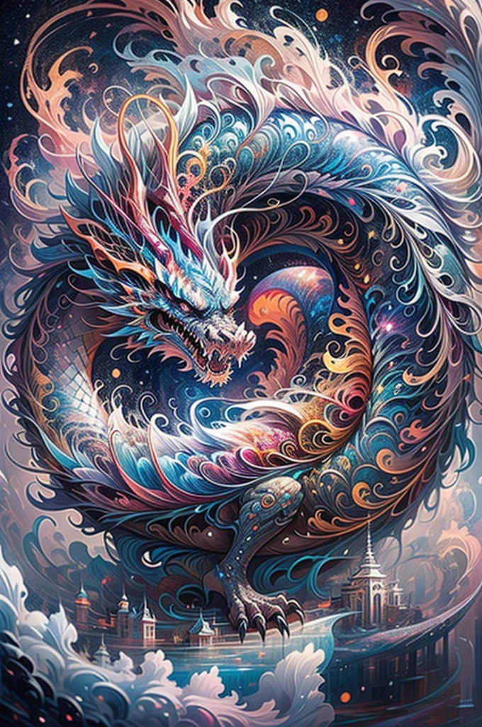 (Chinese dragon stands in front of white snow whirlpool: 1.5),((pure white starlight, Snowflakes around,, expecting, depth of fields, insight, I got it, Monte, The Milky Way lush, translucent cloud, spectrum, in a panoramic view, Interstellar cycles, Crazy, portal, bigger, white light, global snowflake,The sky full of beautiful snowflakes)),Vibrant white light color,thickline,Raging sea,Multi-layered,foreground、Faraway view、fractal thunder dan mumford,danford and alex gray style,psychedelic surreal art,surreal psychedelic design,dream art style, trippy art,Infinite psychedelic waves,inspired by Cyril Rolando (Cyril Rolando),Real corrugated structure,Psychedelic art style,trippy art,psychedelic illustrations,(Alone),rays of black light, dragon