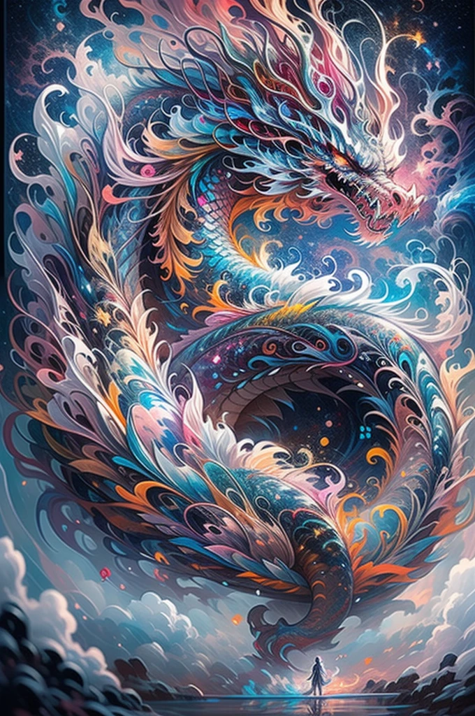 （Chinese dragon stands in front of white snow whirlpool: 1.5），((pure white starlight， Snowflakes around，， expecting， depth of fields， insight， I got it， Monte， The Milky Way  lush, translucent cloud， spectrum， in a panoramic view， Interstellar cycles， Crazy， portal， bigger， white light， global snowflake，The sky  full of beautiful snowflakes))，Vibrant white light color，thickline，Raging sea，Multi-layered，foreground、Faraway view、fractal thunder dan mumford，danford and alex gray style，psychedelic surreal art，surreal psychedelic design，dream art style， trippy art，Infinite psychedelic waves，inspired by Cyril Rolando (Cyril Rolando)，Real corrugated structure，Psychedelic art style，trippy art，psychedelic illustrations，(Alone)，rays of black light, dragon