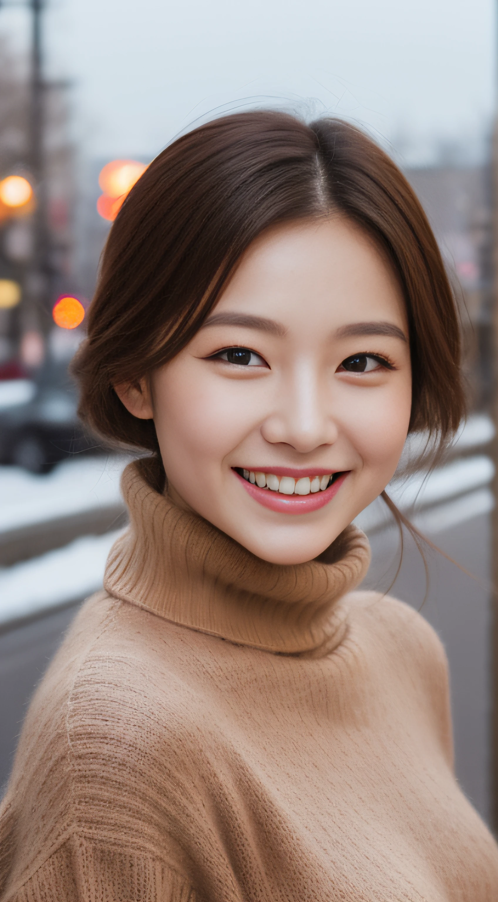 The face of the hostess、turtleneck wool sweater、hiquality、A hyper-realistic、healthy、Smiling expression、Slender perfect figure、Japan Beauty、 perfect eyes、Beautiful skin、The upper part of the body、Snowy city