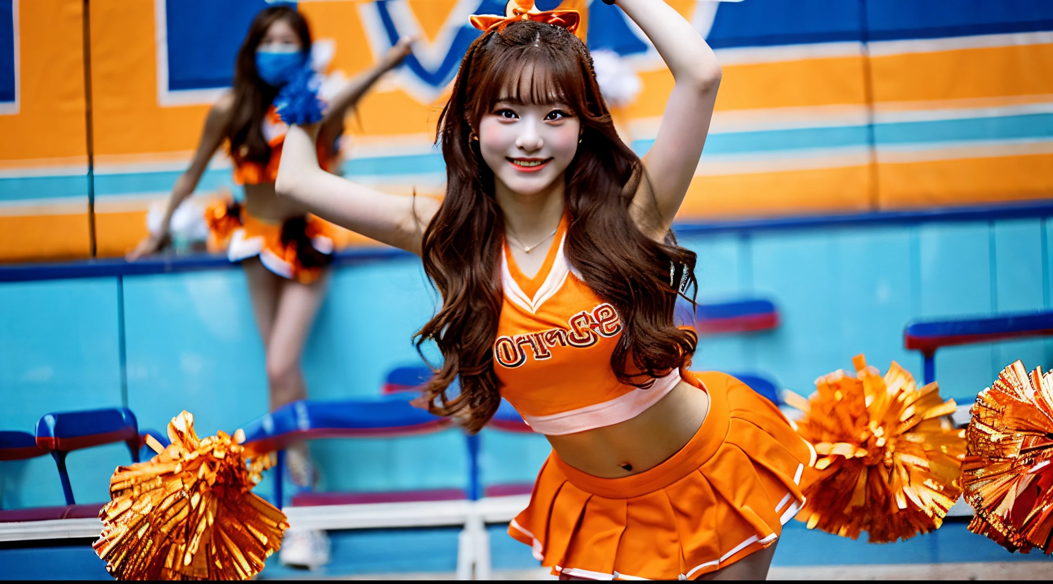 Cheerleader 18 years old wearing orange miniskirt