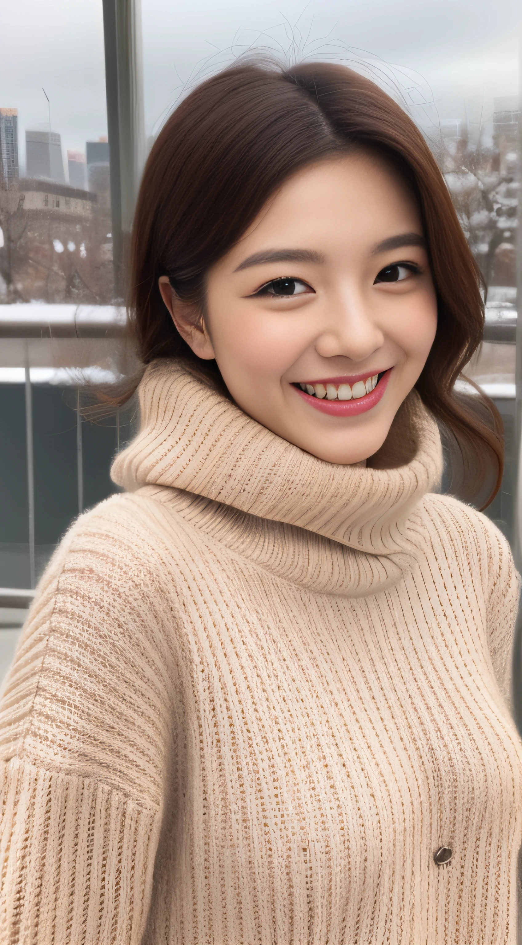 The face of the hostess、turtleneck wool sweater、hiquality、A hyper-realistic、healthy、Smiling expression、Slender perfect figure、Japan Beauty、 perfect eyes、Beautiful skin、The upper part of the body、Snowy city