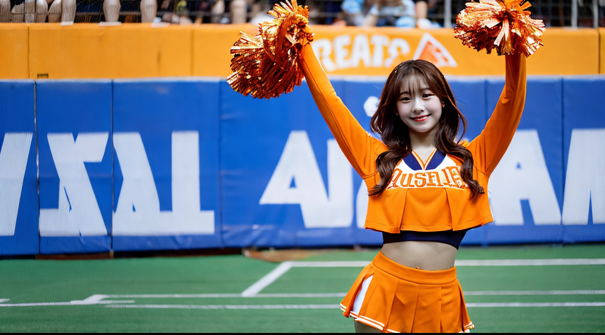 Cheerleader 18 years old wearing orange miniskirt