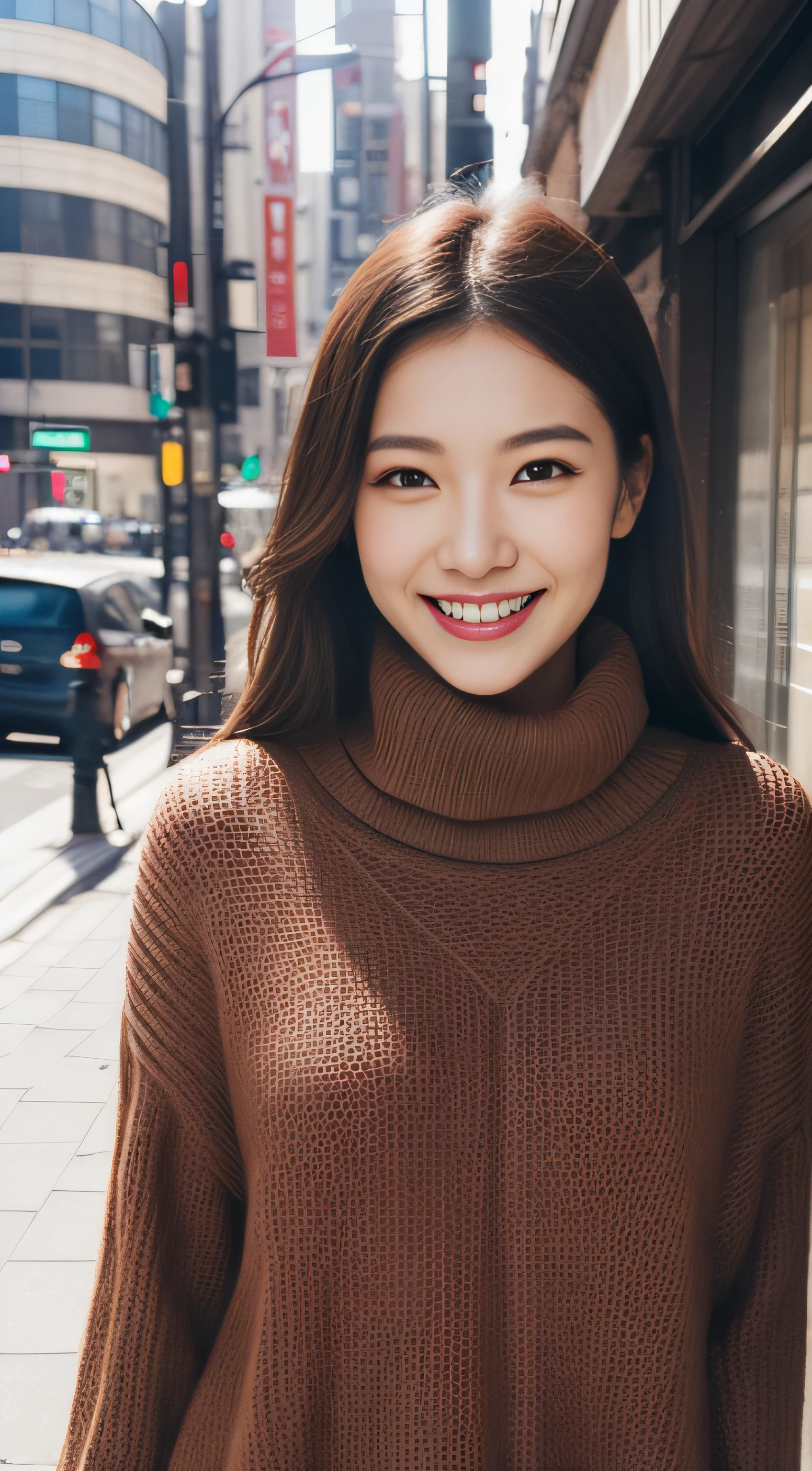 The face of the hostess、turtleneck wool sweater、hiquality、A hyper-realistic、healthy、Smiling expression、Slender perfect figure、Japan Beauty、 perfect eyes、Beautiful skin、The upper part of the body、Snowy city