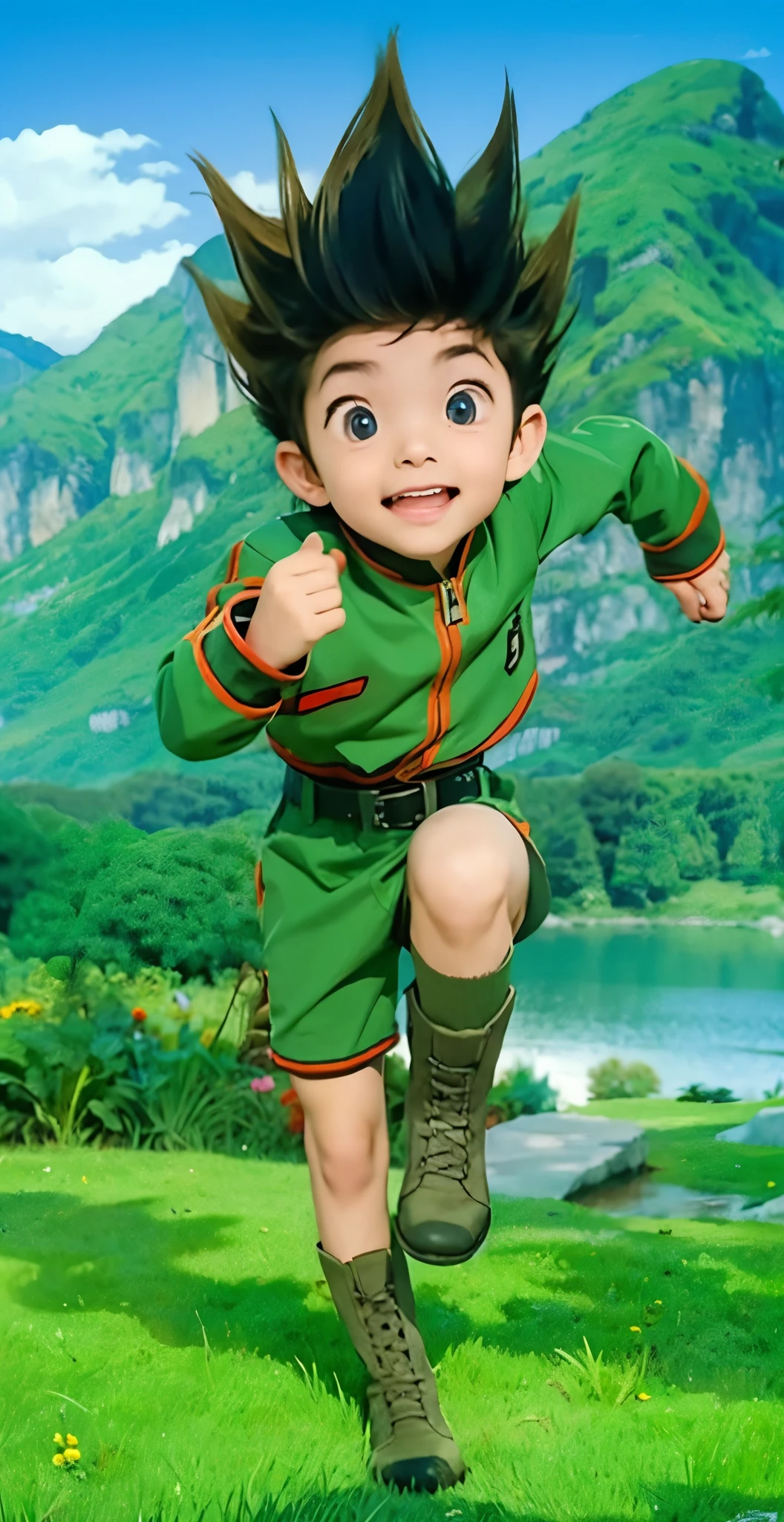 Real life adaption of this character , handsome boy , realistic same hair , (realistic same outfit),realistic scenery background , realistic light, realistic shadow, realism, hyper realistic,(photorealistic:1.2), normal small eyes, realistic same boots, realistic same belt