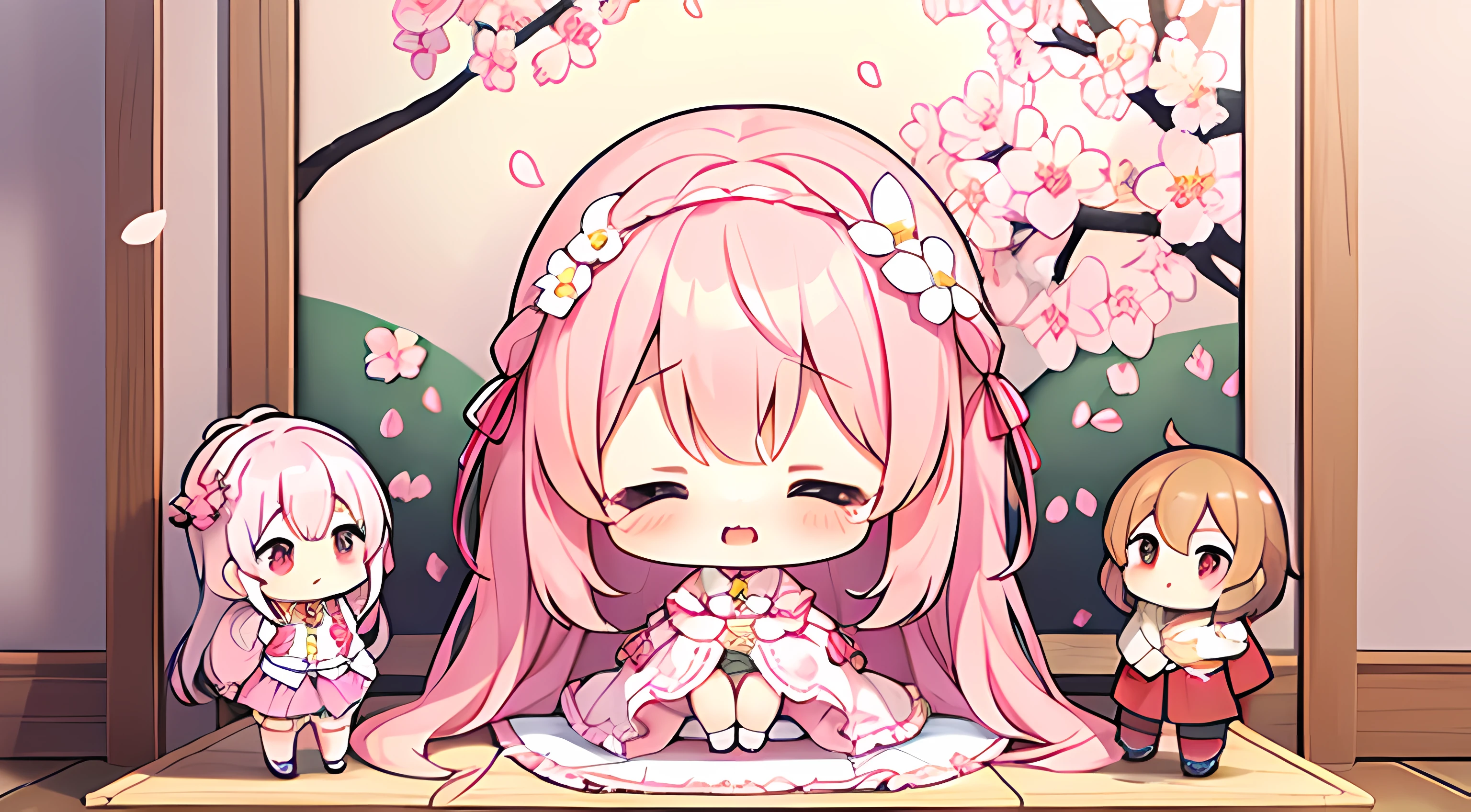 real photograph、Doll standing in front of the painting、Biond、Laugh and cry at the same time、There are tears on his cheeks、Close her eyes、Senai、pixiv、Rokoko、dollfie dream、Watercolor Nendoroid、(HD picture cherry blossom color silk、Clay people、Belly up、Sakura Petals Sakura Silk、seasons!!: 🌸 ☀ 🍂 ❄
