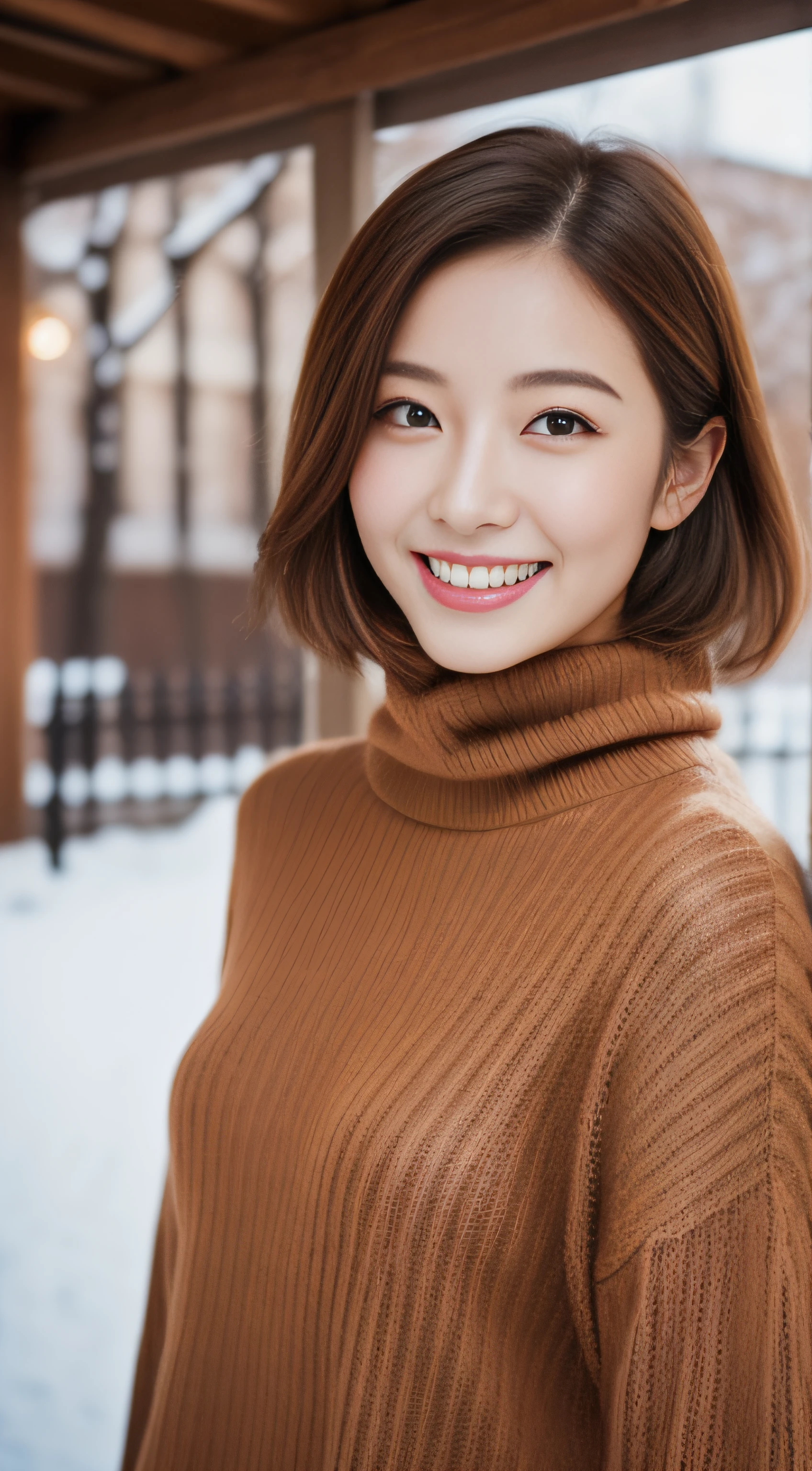 The face of the hostess、turtleneck wool sweater、hiquality、A hyper-realistic、healthy、Smiling expression、Slender perfect figure、Japan Beauty、 perfect eyes、Beautiful skin、The upper part of the body、Snowy city