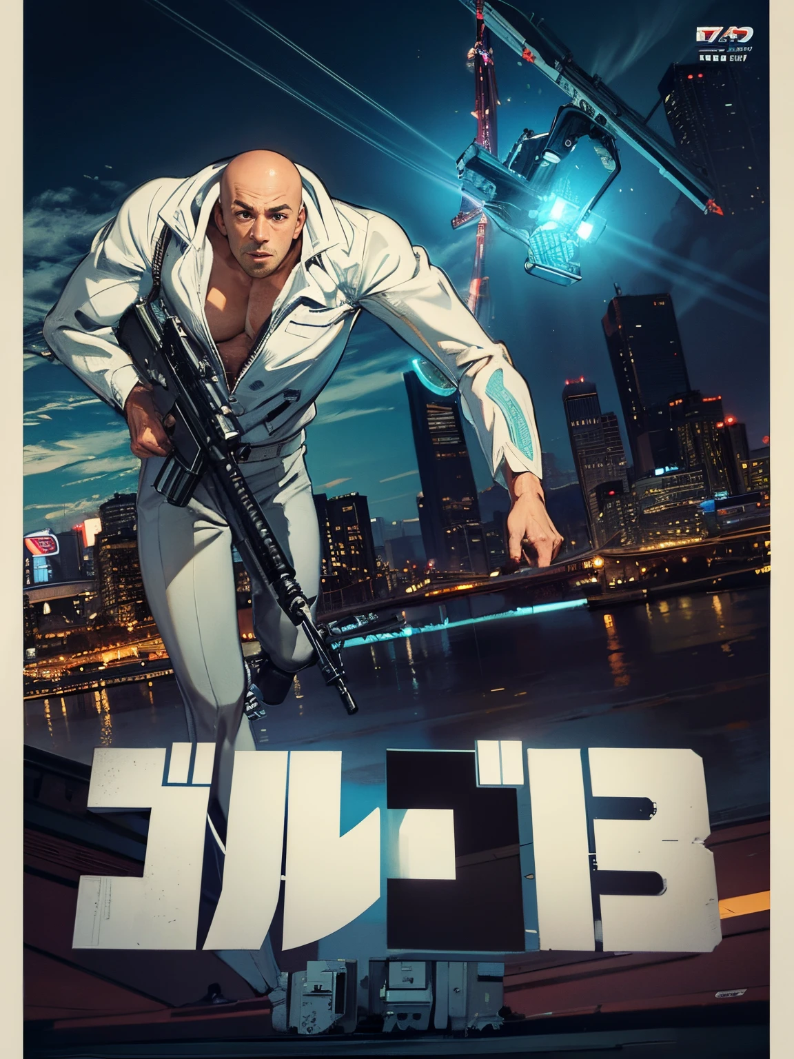 Bald muscular man wearing a white suit running towards the camera with a big rifle in hand, (fullbody:1.2),(foot:1),8k, RAW photo, best quality, (masterpiece:1.2), (realistic:1.3), (photorealistic:1.3), ultra-detailed, (high detailed skin:1.2), 8k uhd, dslr, soft lighting, high quality, film grain, Fujifilm XT3, best quality, beautiful lighting, handsome,(1boy:1.2),muscle,