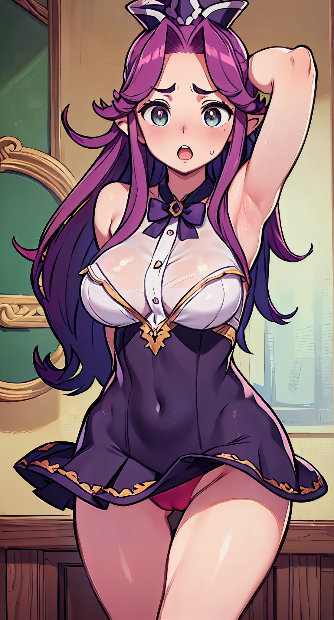 (Perfect body),Best Quality,(8K Portrait),(Official art)、((NSFW))、((Big Big Breasts))、((thick thight))、((big butts))、(Long hair))、(verd s eyes)、 (purple color hair),(Forehead),(Parted bangs)、((Sweat))、(School uniform)、(Sleeveless white shirt)、(Red mini skirt)、(Light blue lace panties)、(((:o)))、(((((embarrassed from)))))、1girl in、((Hands behind the head))、Armpits、(((Panchira)))