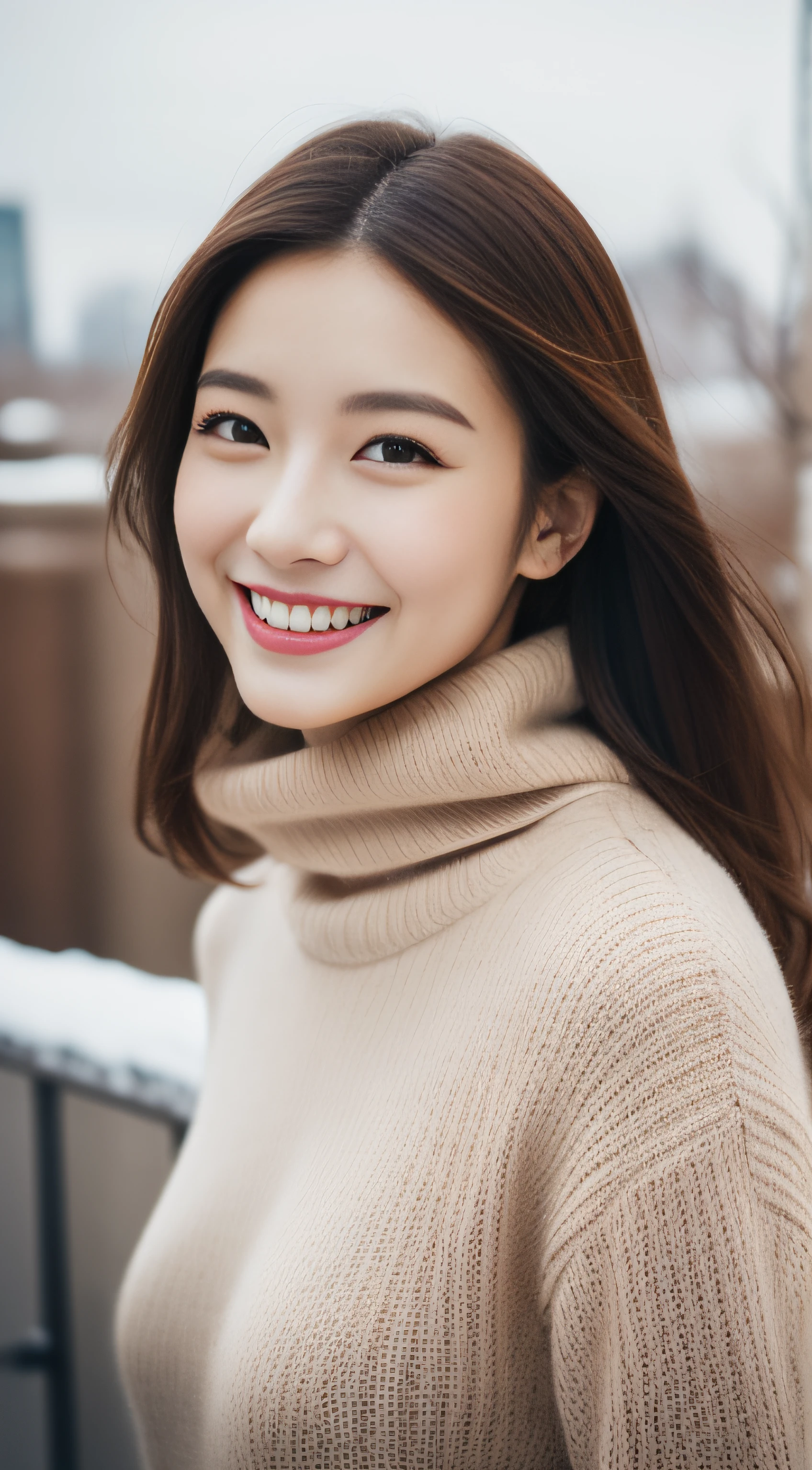 The face of the hostess、turtleneck wool sweater、hiquality、A hyper-realistic、healthy、Smiling expression、Slender perfect figure、Japan Beauty、 perfect eyes、Beautiful skin、The upper part of the body、Snowy city