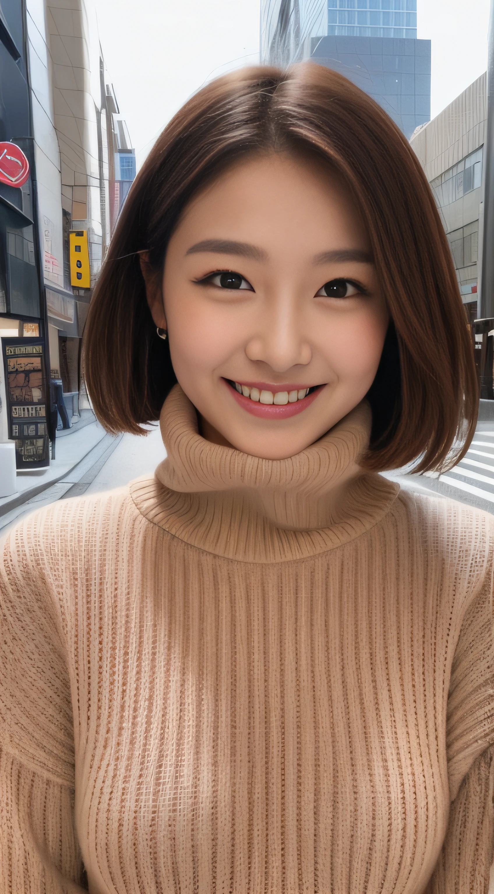 The face of the hostess、turtleneck wool sweater、hiquality、A hyper-realistic、healthy、Smiling expression、Slender perfect figure、Japan Beauty、 perfect eyes、Beautiful skin、The upper part of the body、Snowy city