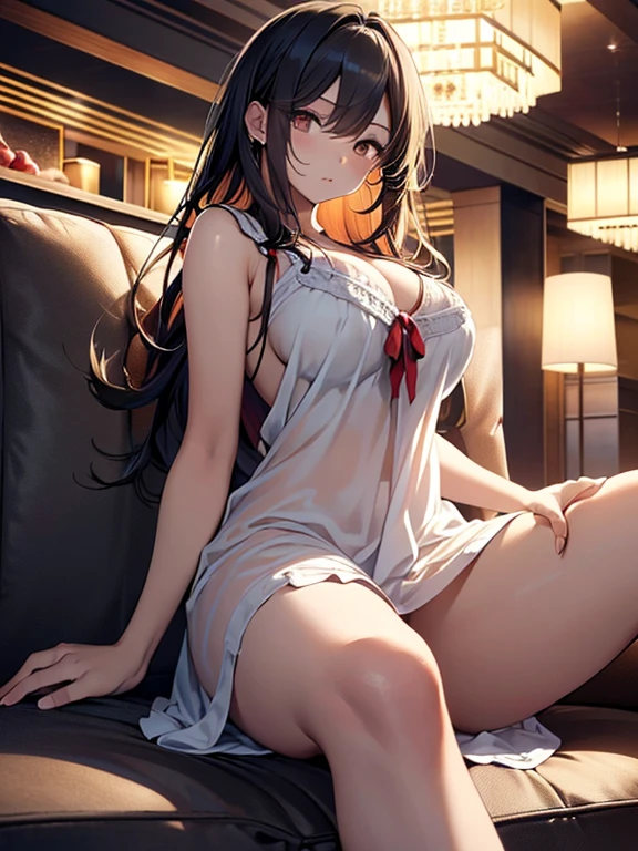 (top-quality,High resolution,(Ultra high definition,4K), (超A high resolution,in 8K),masutepiece:1.2), (Angle from below), (Perfect Anatomy,Anatomically accurate), (Soft lighting, 光线追踪), (((Open legs sitting on a sofa in the lobby of a luxury hotel))), ((Tifa Lockhart)), cute school girl), Black spats, (cute nightgown), Cute panties, (Crisp double eyelids), (fascinated expression),(Large breasts:1.3),(Soft skin), (Photorealistic), (Wheat colored skin), (colourful hair)