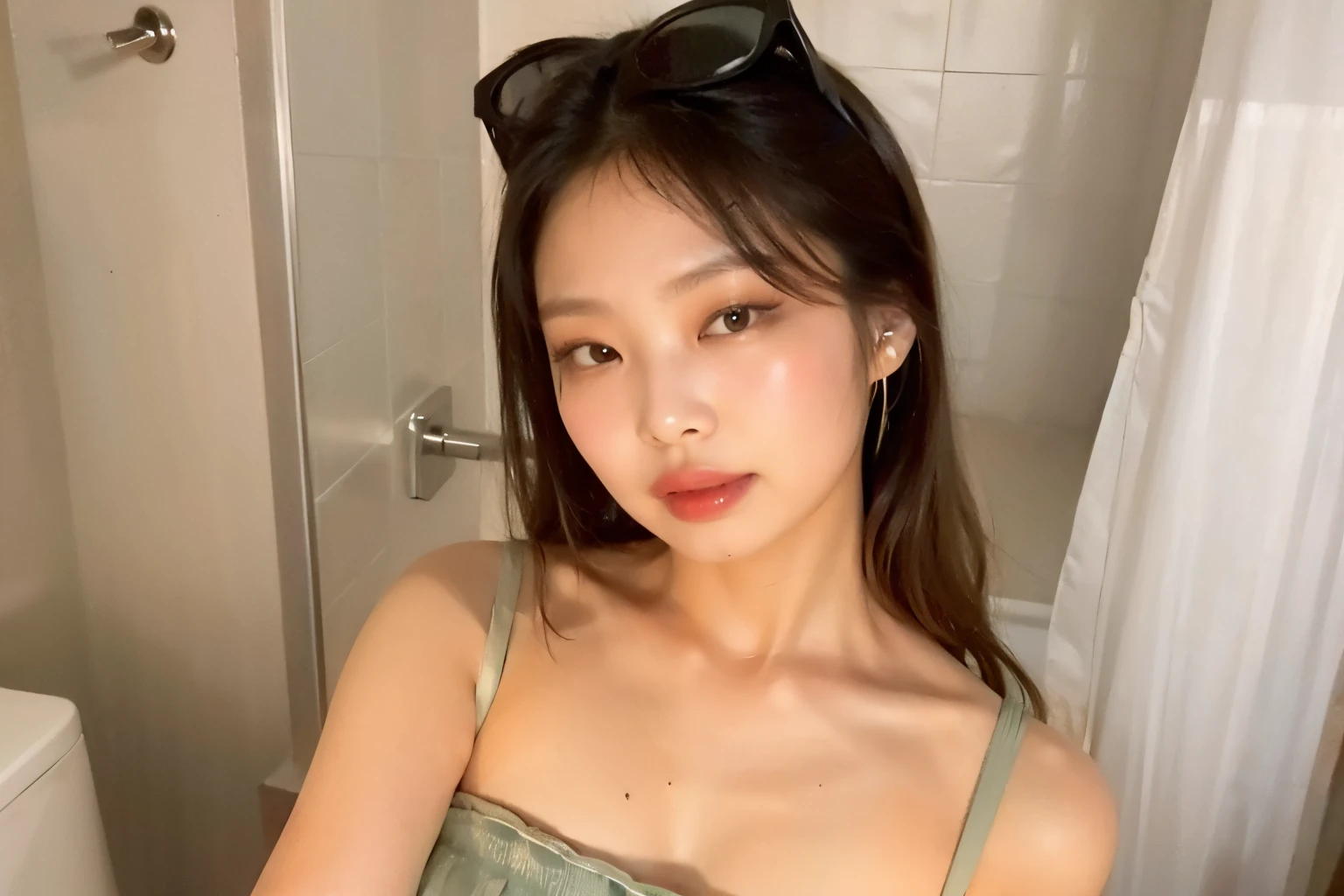 Cute Korean girl with blonde hair wearing a purple bikini taking a mirror selfie