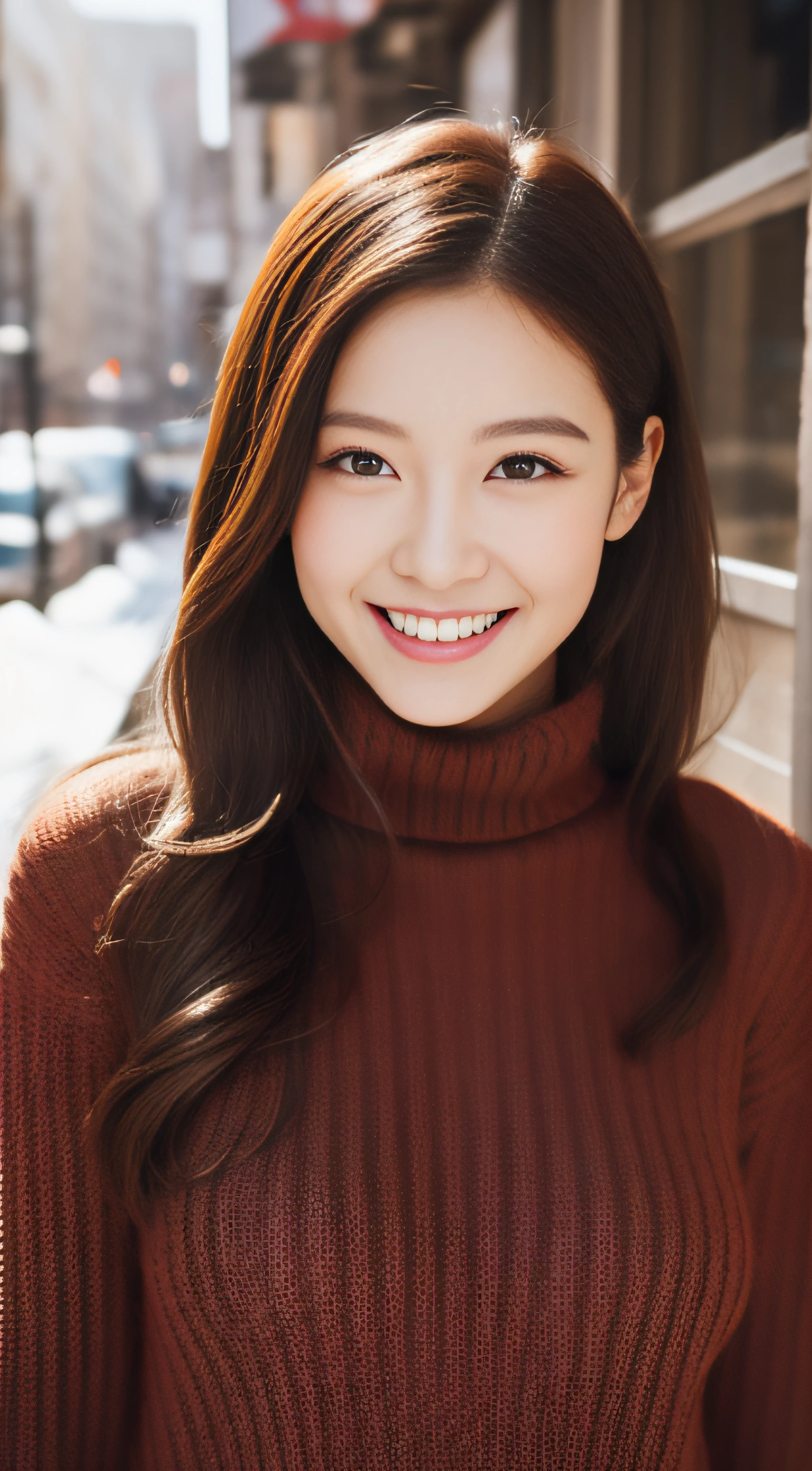 The face of the hostess、turtleneck wool sweater、hiquality、A hyper-realistic、healthy、Smiling expression、Slender perfect figure、Japan Beauty、 perfect eyes、Beautiful skin、The upper part of the body、Snowy city