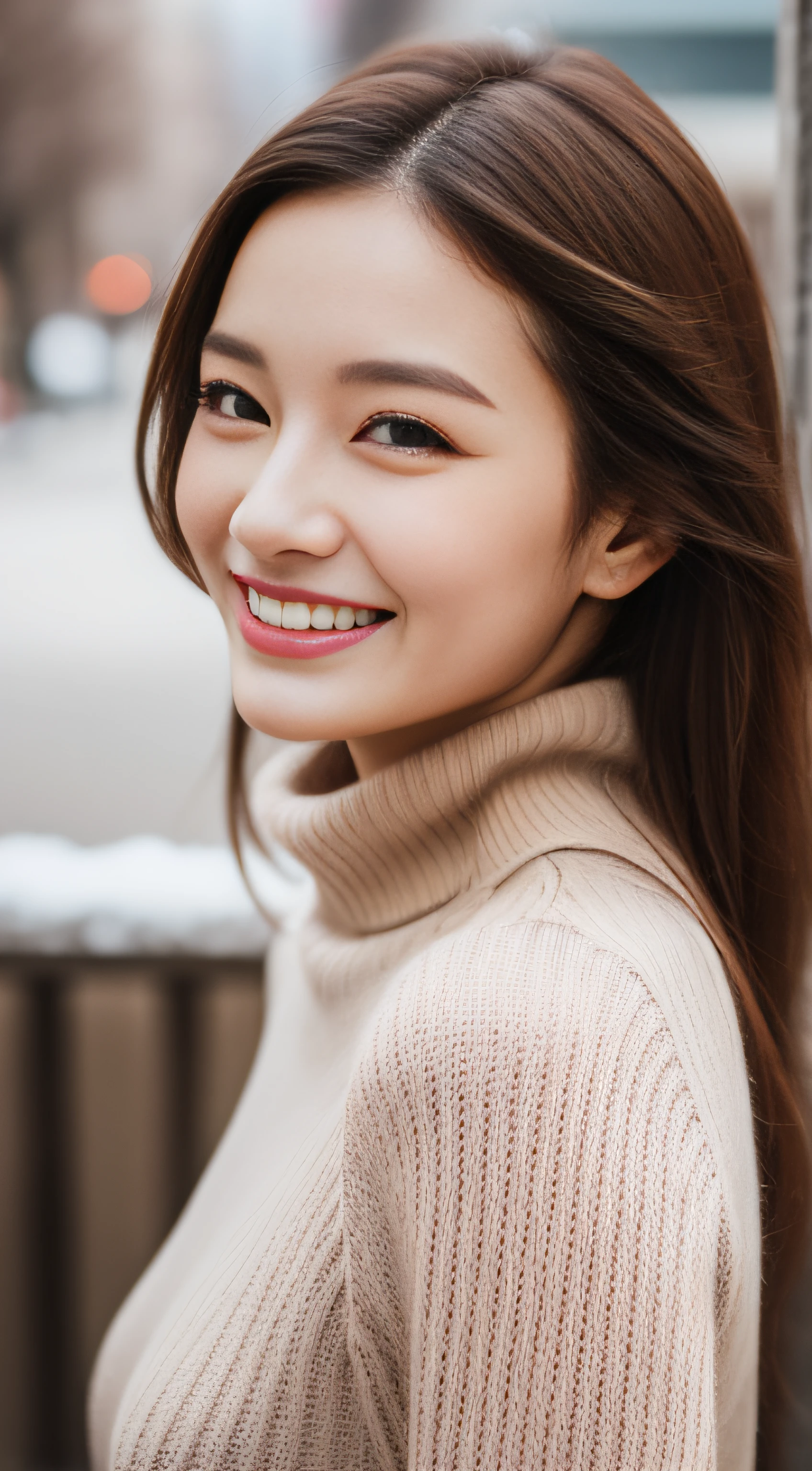 The face of the hostess、turtleneck wool sweater、hiquality、A hyper-realistic、healthy、Smiling expression、Slender perfect figure、Japan Beauty、 perfect eyes、Beautiful skin、The upper part of the body、Snowy city