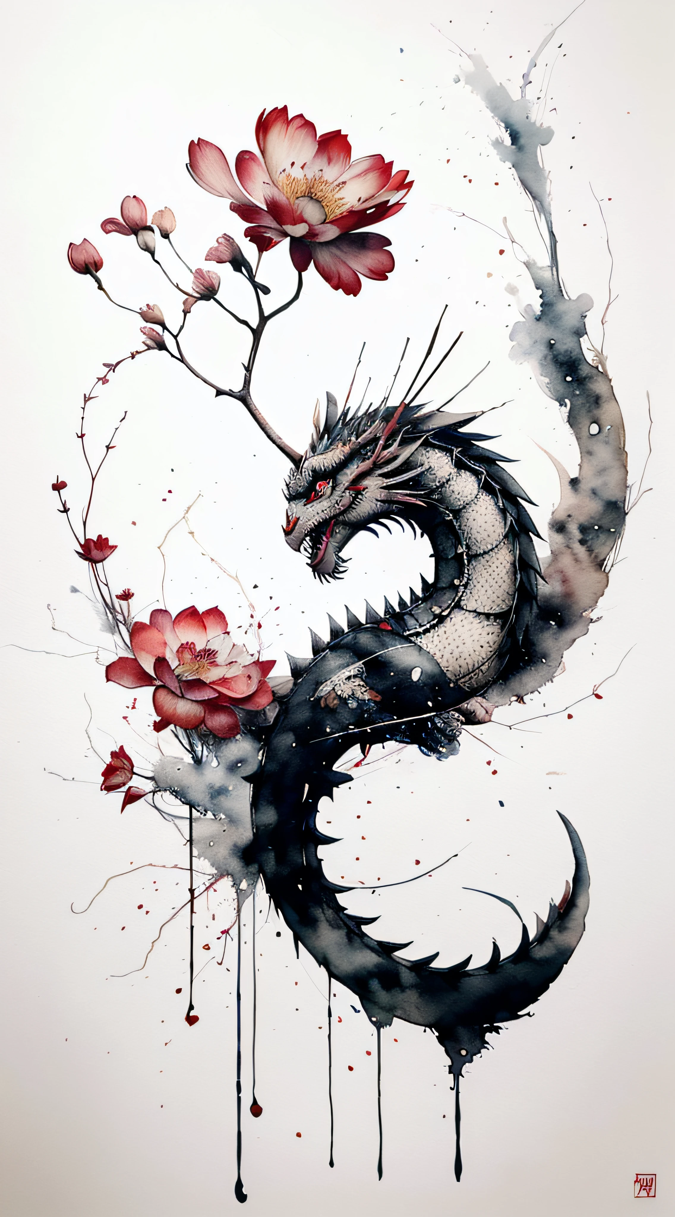 A painting，Chinese dragon painted by Wu Guanzhong，pink的中龙，Cyberpunk，Ink Painting，pink，National Trend，White background，Abstract simple lines，illustration，masterpiece，Ultra HD