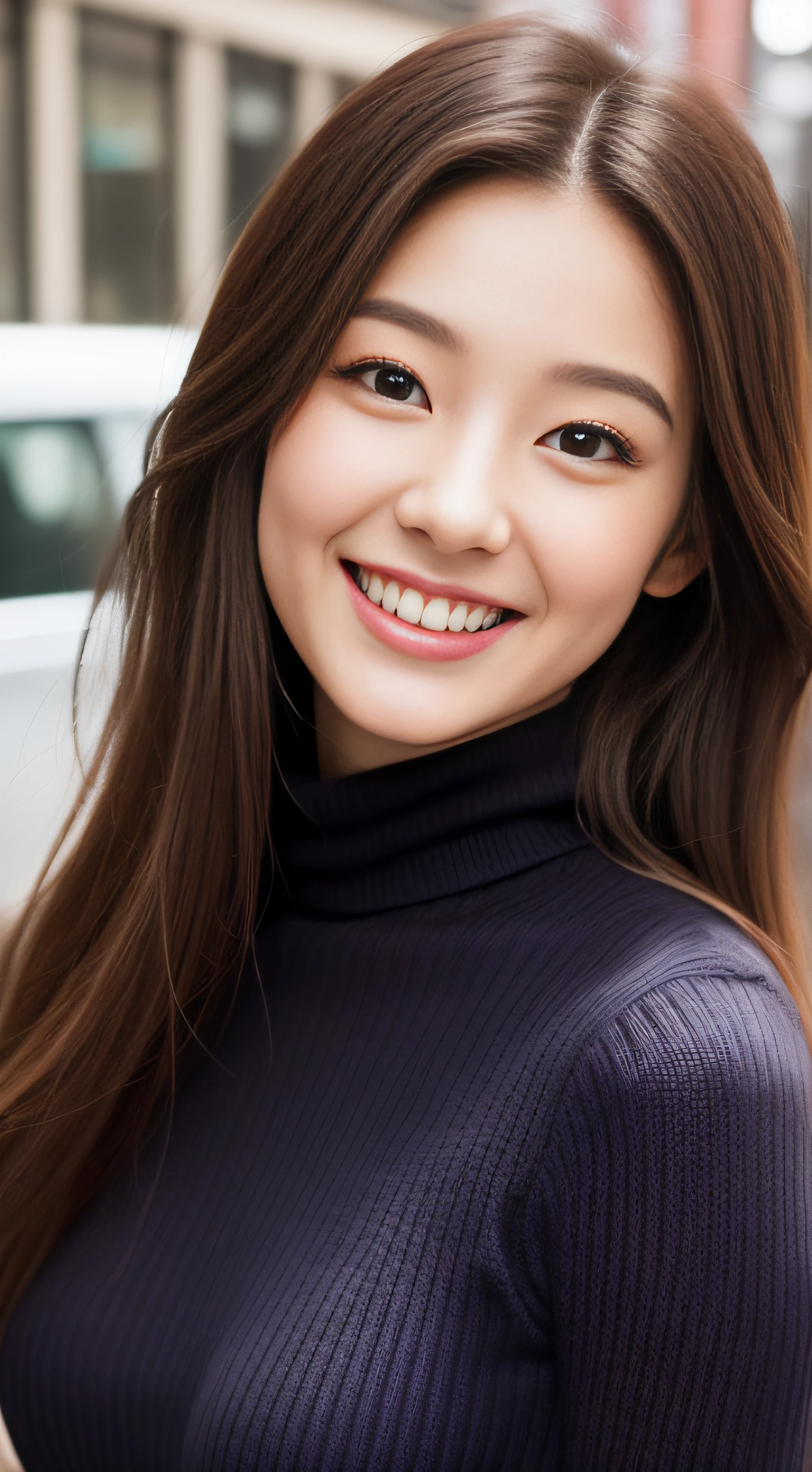 The face of the hostess、turtleneck wool sweater、hiquality、A hyper-realistic、healthy、Smiling expression、Slender perfect figure、Japan Beauty、 perfect  eyes、Beautiful skin、The upper part of the body、Snowy city