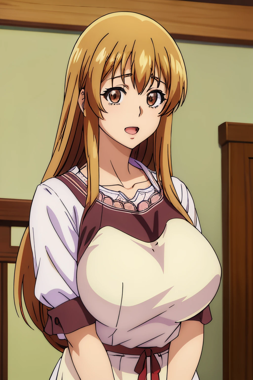 Huge tits, Busty, best quality, (masterpiece:1.2), highly detailed,  apron,
1girl,  kotegawa nanaka, looking at viewer, slight smile, open mouth, brown eyes, long hair, indoor, room, bedroom, wardrobe, close up face