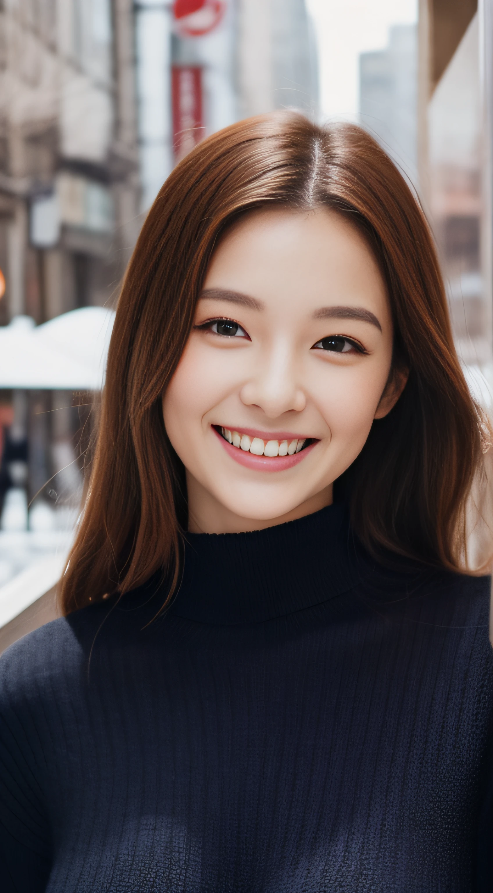 The face of the hostess、turtleneck wool sweater、hiquality、A hyper-realistic、healthy、Smiling expression、Slender perfect figure、Japan Beauty、 perfect eyes、Beautiful skin、The upper part of the body、Snowy city