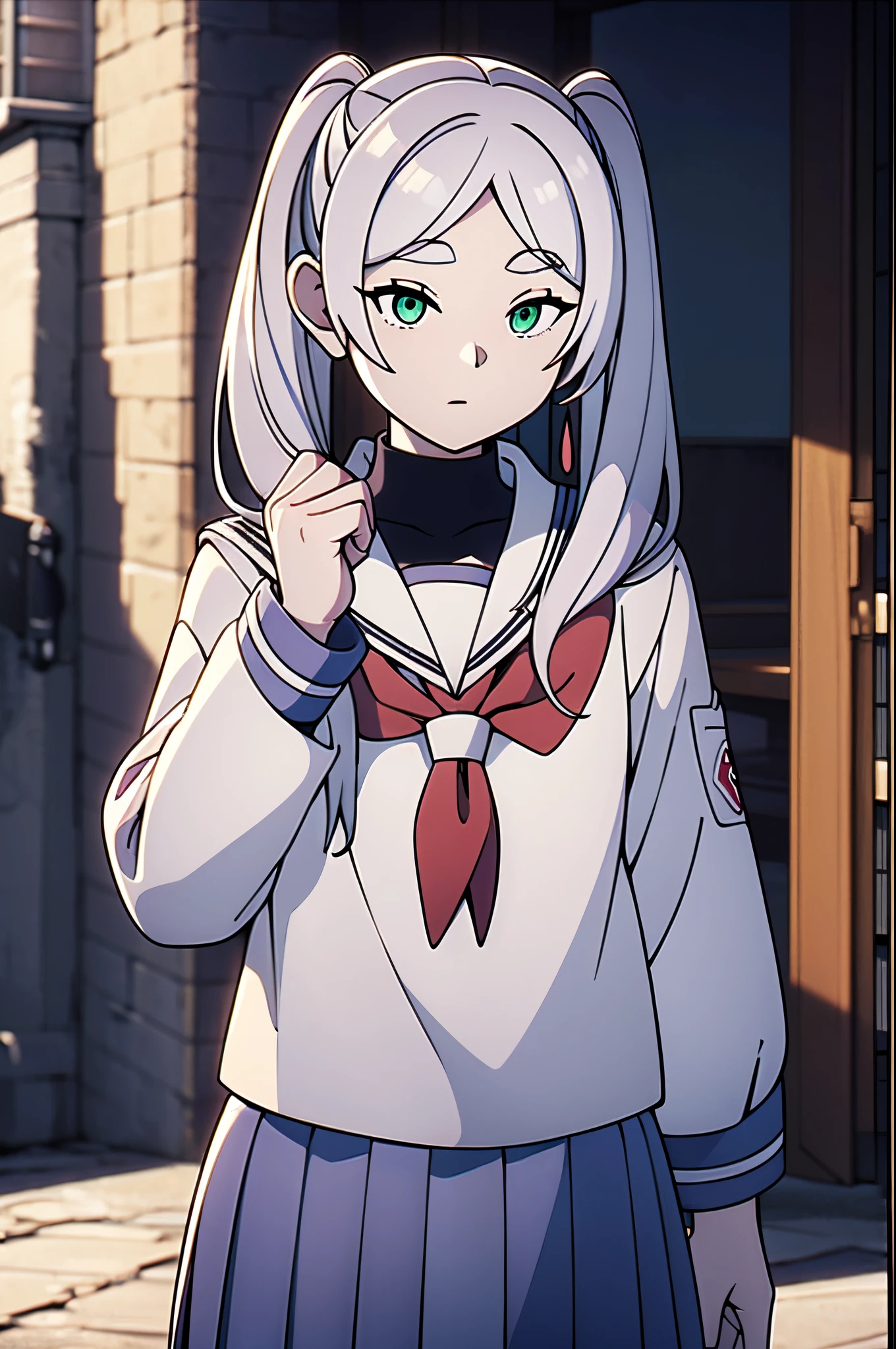 (masterpiece:1.2), (pale skin:1.2), (solo:1.2), (female:1.1), (emphasis lines:1.3), (school_uniform:1.3), courtyard, outdoors, white hair, twintails, (green_eyes)