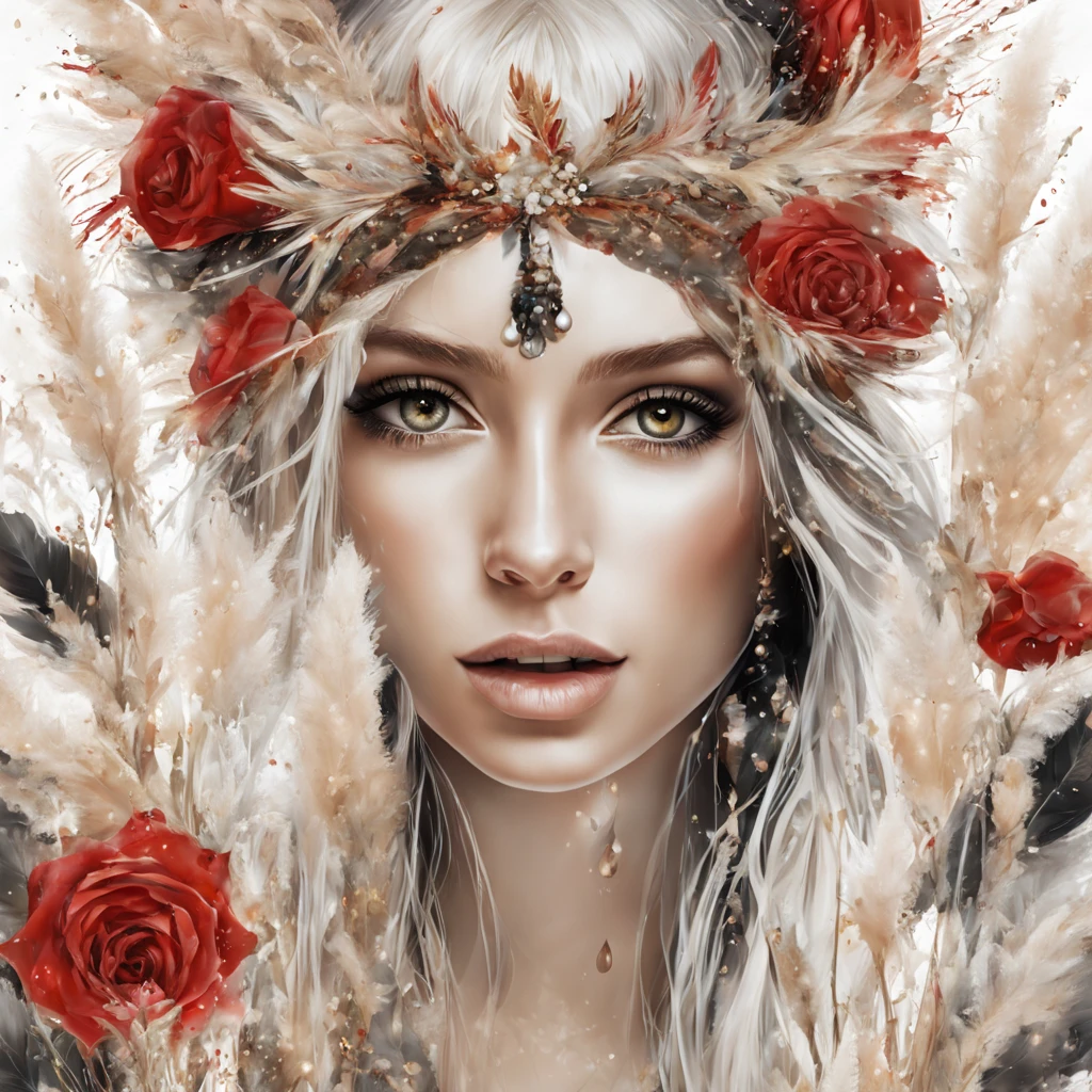 Beautiful hippie girl, boho chic, pampas grass, red roses, abstract, floral, fantasy, beautiful, bohemian, realistic, white, black, golden threads, drops, swirls, sparks, octane, brightly, a closeup of a
