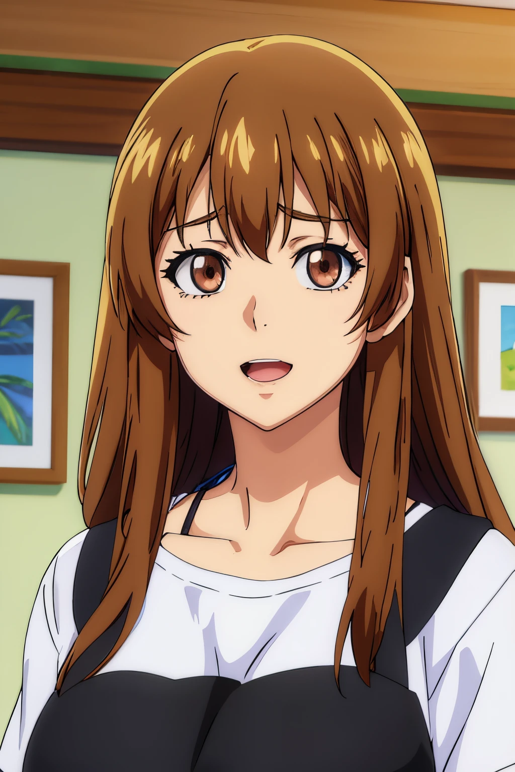 Huge tits, Busty, best quality, (masterpiece:1.2), highly detailed,  white apron, black t-shirt,
1girl,  kotegawa nanaka, looking at viewer, slight smile, open mouth, brown eyes, long hair, indoor, room, bedroom, wardrobe, close up face