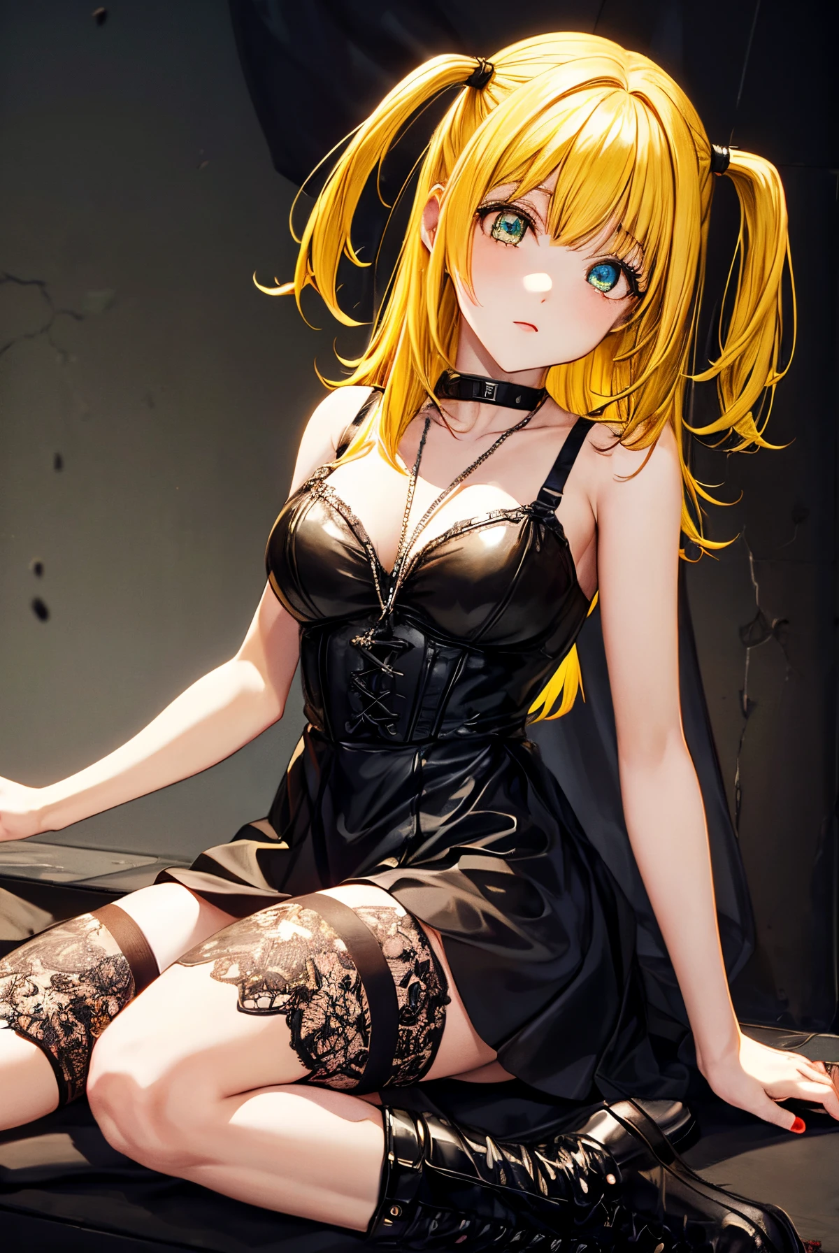 misaamane, misa amane, long hair, bangrown eyes:1.7), (yellow hair:1.5), blunt bangs, (two side up:1.5), red lips, lipstick, solo, 1girl,
BREAK thighhighs, dress, jewelry, collarbone, boots, detached sleeves, choker, black thighhighs, necklace, black footwear, black dress, sleeveless dress, garter straps, black choker, short dress, floral print, cross, red nails, cross necklace,
BREAK looking at viewer,
BREAK indoors,
BREAK (masterpiece:1.2), best quality, high resolution, unity 8k wallpaper, (illustration:0.8), (beautiful detailed eyes:1.6), extremely detailed face, perfect lighting, extremely detailed CG, (perfect hands, perfect anatomy),