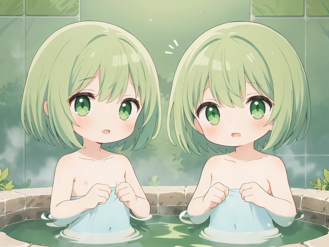 Best Quality, ultra-detailliert, beautiful girl , Twin children soaking in a hot spring, Gamine2a person, Green hair, Glass background,{Nude posture}Children showing their anus, Turning around,shading
