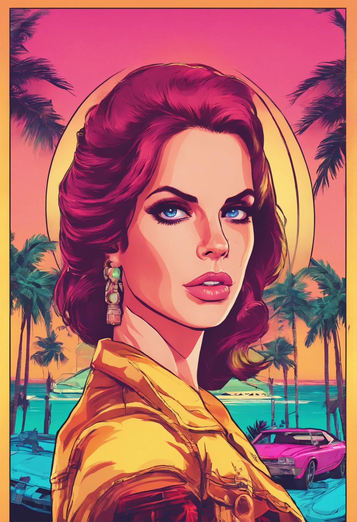 Lana Del Rey, GTA Vice City, GTA 5 cover art, Borderlands style, Transparent shadows, Symmetrical highly detailed eyes