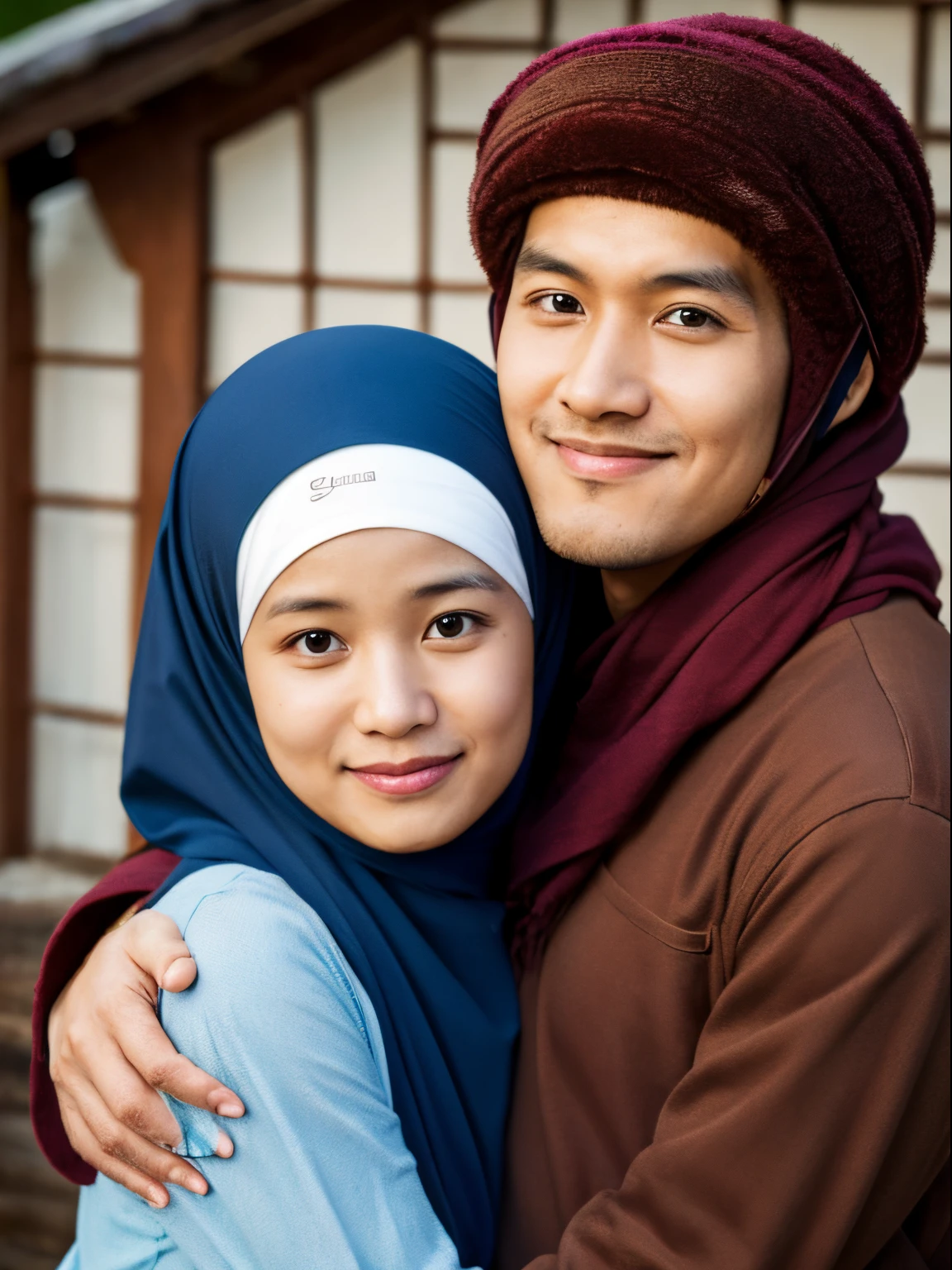 Portrait of a 30 year old Indonesian man with curly hair with an oval face and his 50 year old mother wearing a hijab, they are seen embracing lovingly, the background is a simple house, real picture