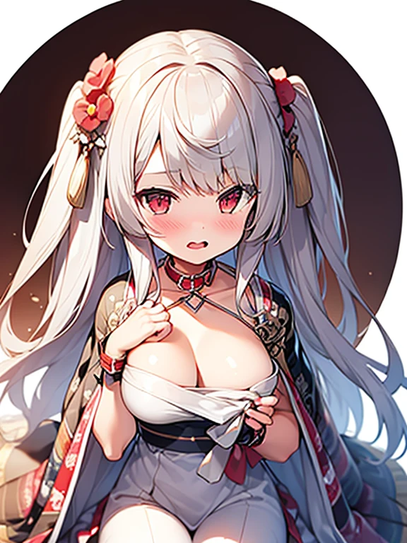 masterpiece, best quality, high res, solo, 1 girl, silver long hair, nice breasts, nice chest, bangs, red eyes, blush, looking at viewer, opened mouth, bright colors, vibrant, extrasharp, high sharpness, nice hands, clear image, bright image, yuudachi, cute