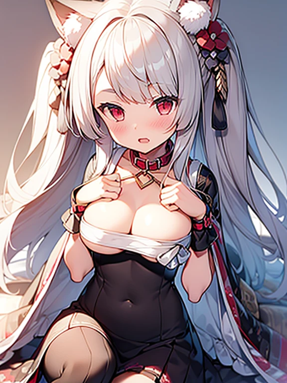 masterpiece, best quality, high res, solo, 1 girl, silver long hair, nice breasts, nice chest, bangs, red eyes, blush, looking at viewer, opened mouth, bright colors, vibrant, extrasharp, high sharpness, nice hands, clear image, bright image, yuudachi, cute
