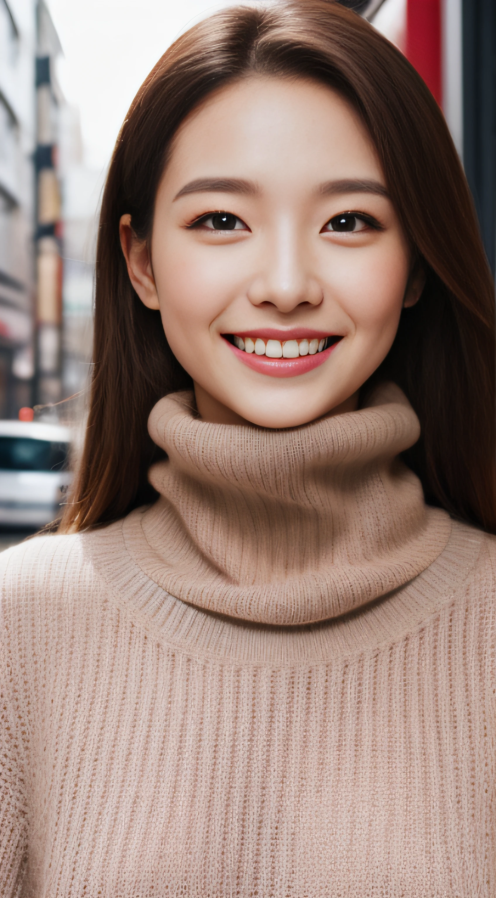 The face of the hostess、turtleneck wool sweater、hiquality、A hyper-realistic、healthy、Smiling expression、Slender perfect figure、Japan Beauty、 perfect eyes、Beautiful skin、The upper part of the body、Snowy city