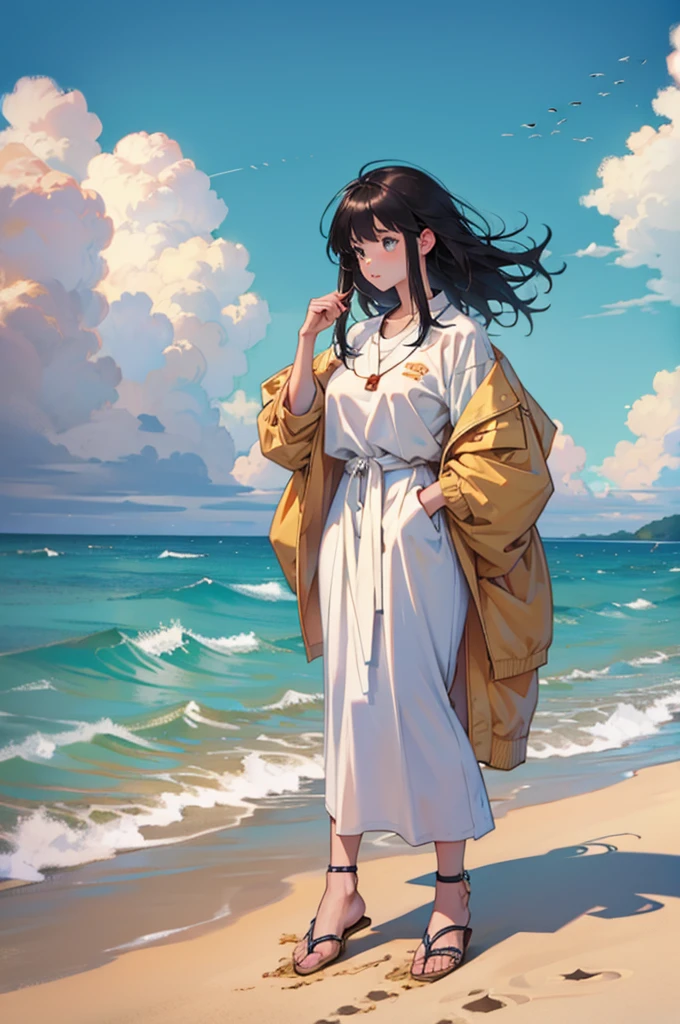 Beautiful young girl with floating hair in oversized clothes on the beach,