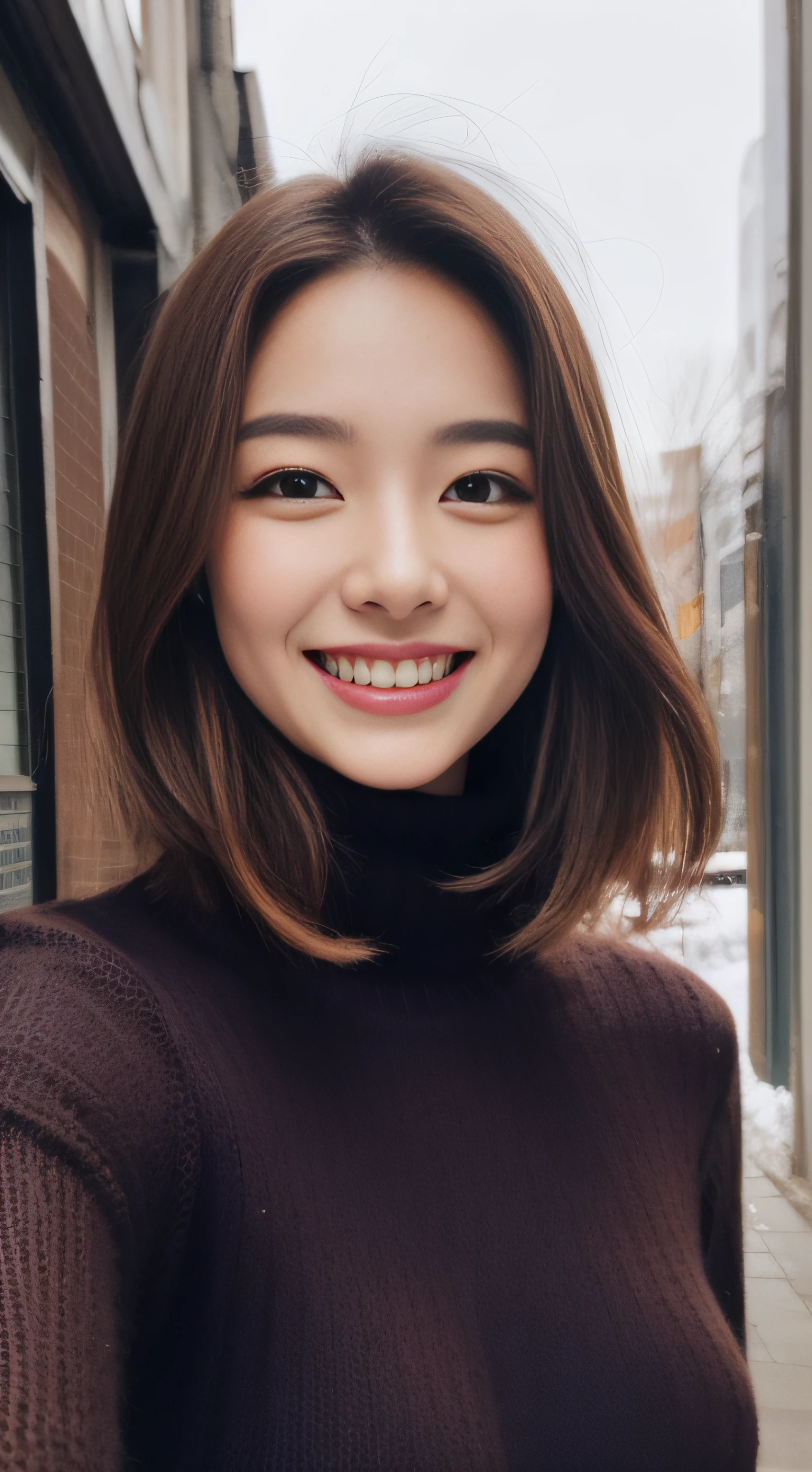 The face of the hostess、turtleneck wool sweater、hiquality、A hyper-realistic、healthy、Smiling expression、Slender perfect figure、Japan Beauty、 perfect eyes、Beautiful skin、The upper part of the body、Snowy city