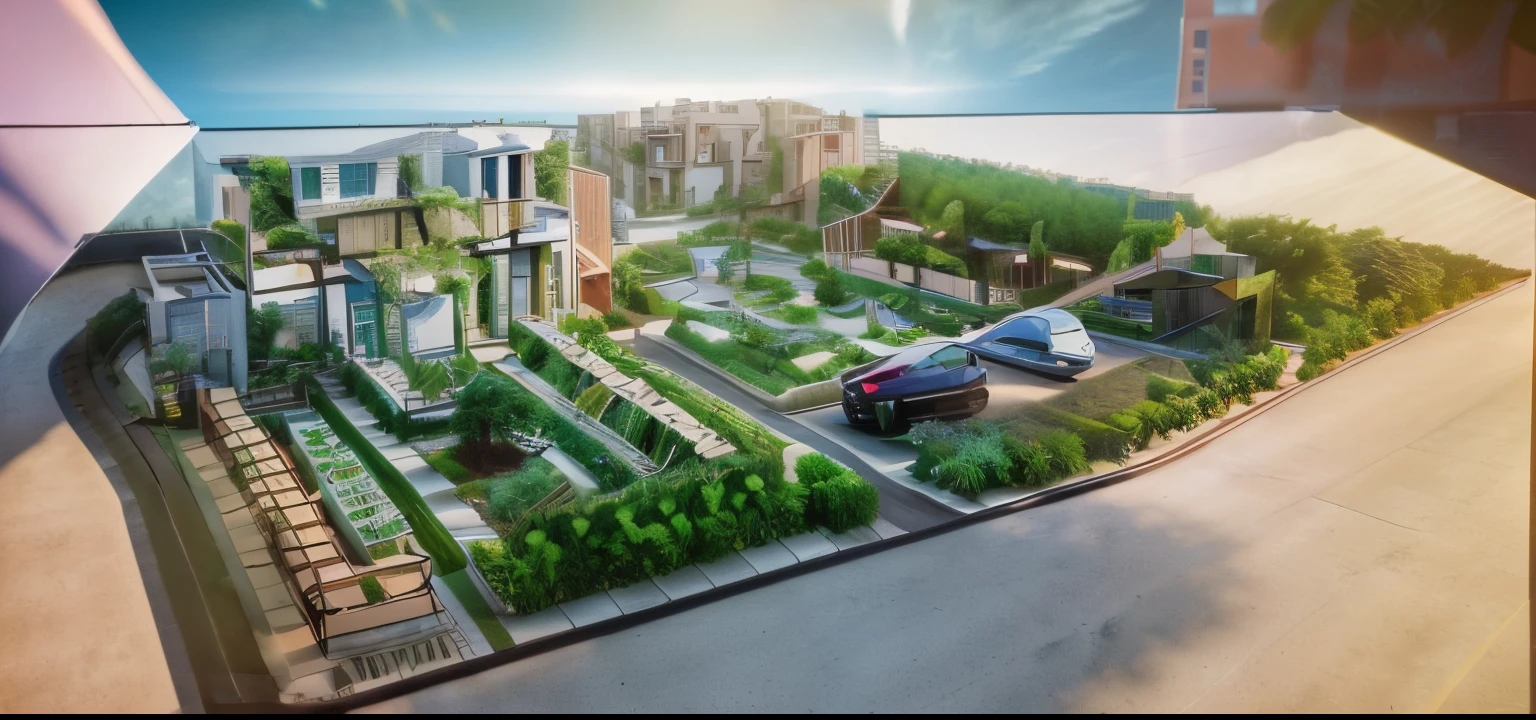 imagine modern eco-village that features shared spaces, communal gardens, and energy-efficient homes, architecture design concept, ((trees))), daylight (best quality),((high solution)), ((photo realistic)) ,warm light, soft lighting, warm atmosphere,high Resolution, hyper detailed, 4k , vray render, octane render, hyper realistic, photography expert ,exterior design , professional photography, exterior photography, wide-angle shot, ultra detail, high Resolution, full frame, full body, (((people))), tree, garden, ((street)), ((car)), (((crowded))), ((tropical)), (((perspective view)))), (((city background)))